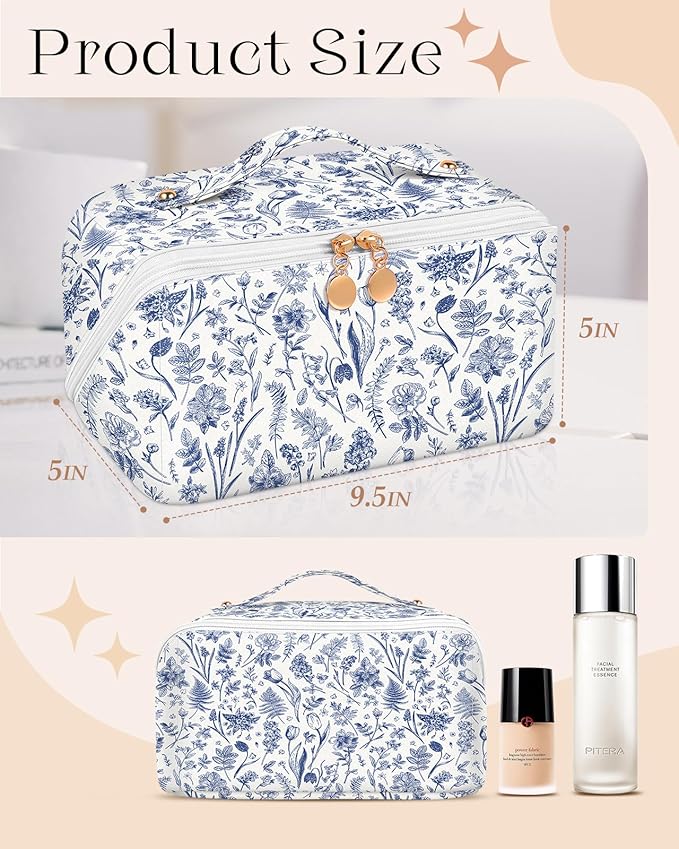 Bistup Makeup Bag Travel Cosmetic Bag Toiletry Make Up Bags Cute Women Large Capacity Big Medium Leather Blue Floral Aesthetic Girl Teen Teenage Foldable Expandable Open Flat Zip