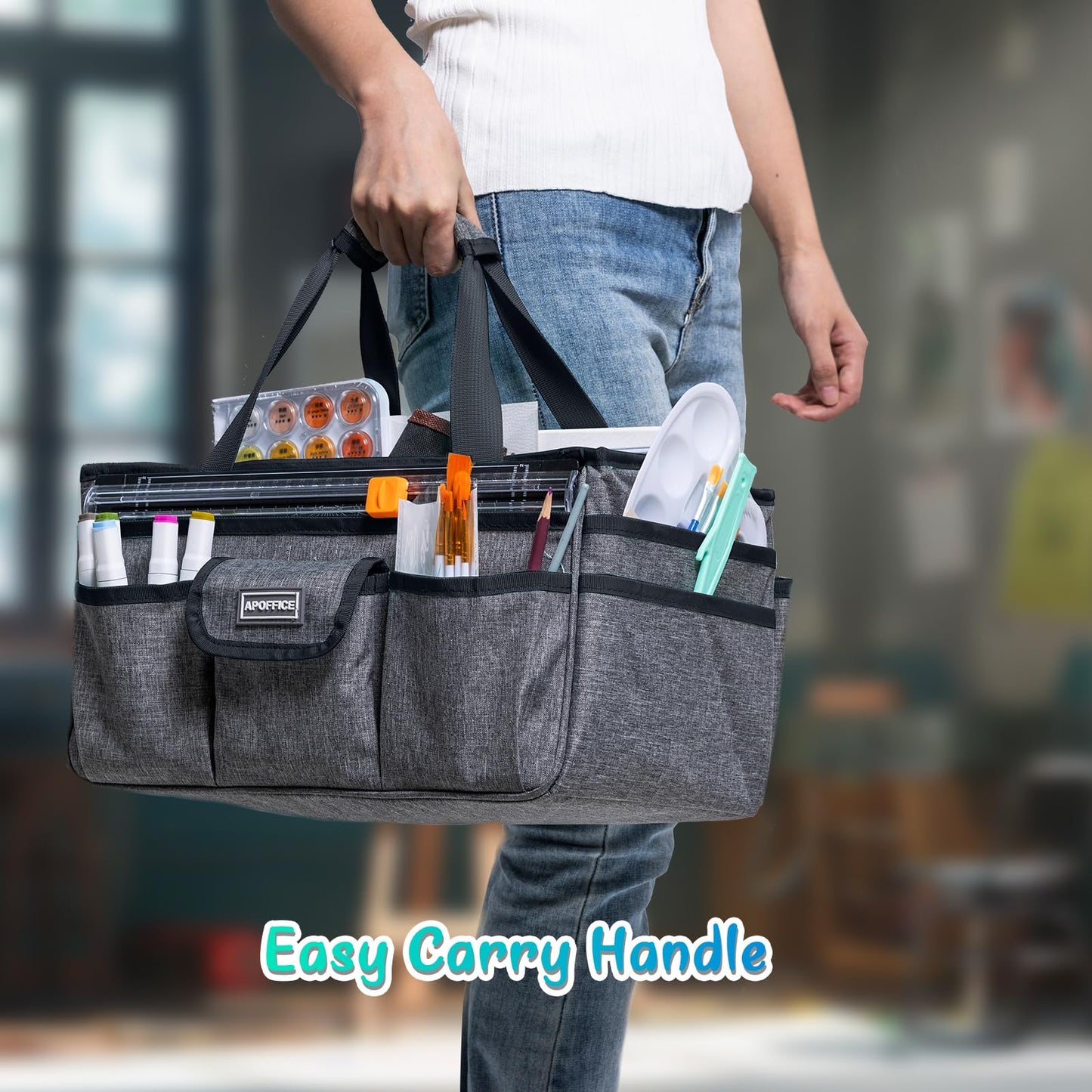 APOFFICE Art Supply Organizer Tote Bag – Craft Caddy with Handle, Utility Storage Tote with Multiple Pockets & Adjustable Divider for Sewing, Scrapbooking, School, Office, Medical Supplies