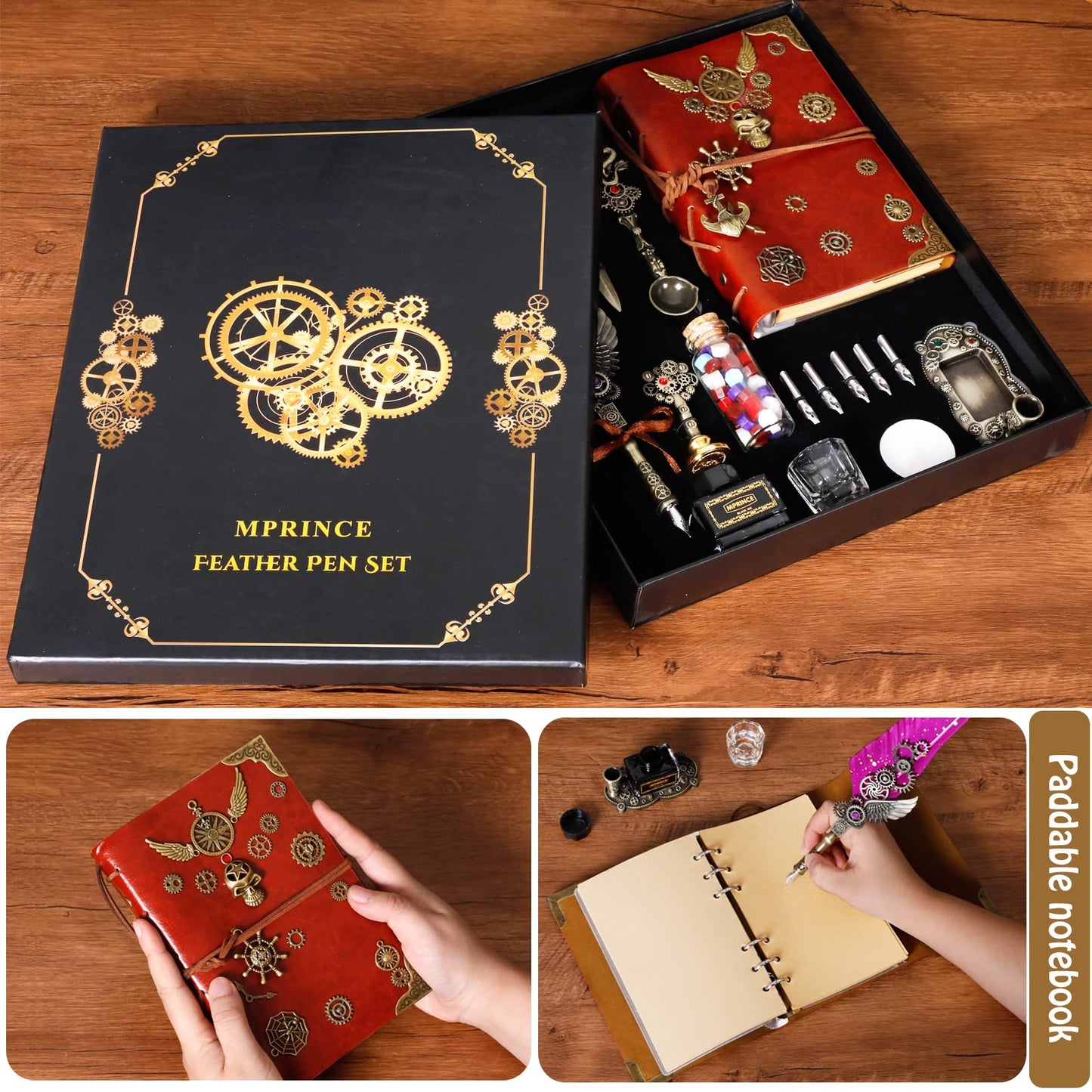 Aifeiter Quill Pen and Ink Set With Quill and 5 Replaceable Nibs,Seal Stamp,Spoon,Wax Beads,White Wax,Pen Holder, Cup,Envelope,Letter Paper,Envelope Tool(green)