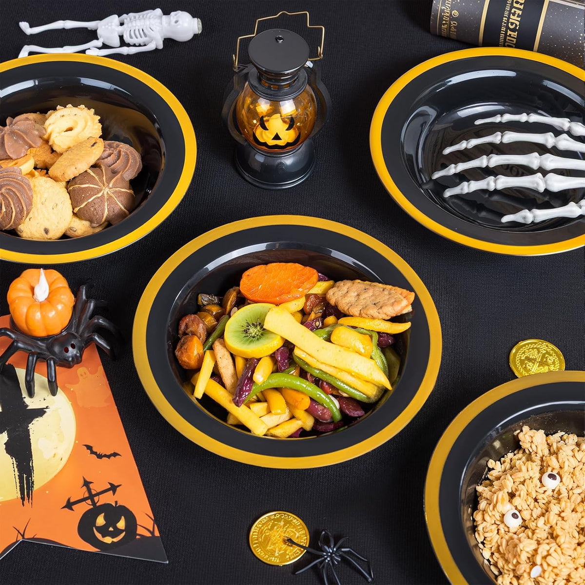 Liacere 60Pcs Black Plastic Bowls - Disposable Black and Gold Dessert Bowls - 12OZ Premium Plastic Soup Bowls for Wedding &Halloween