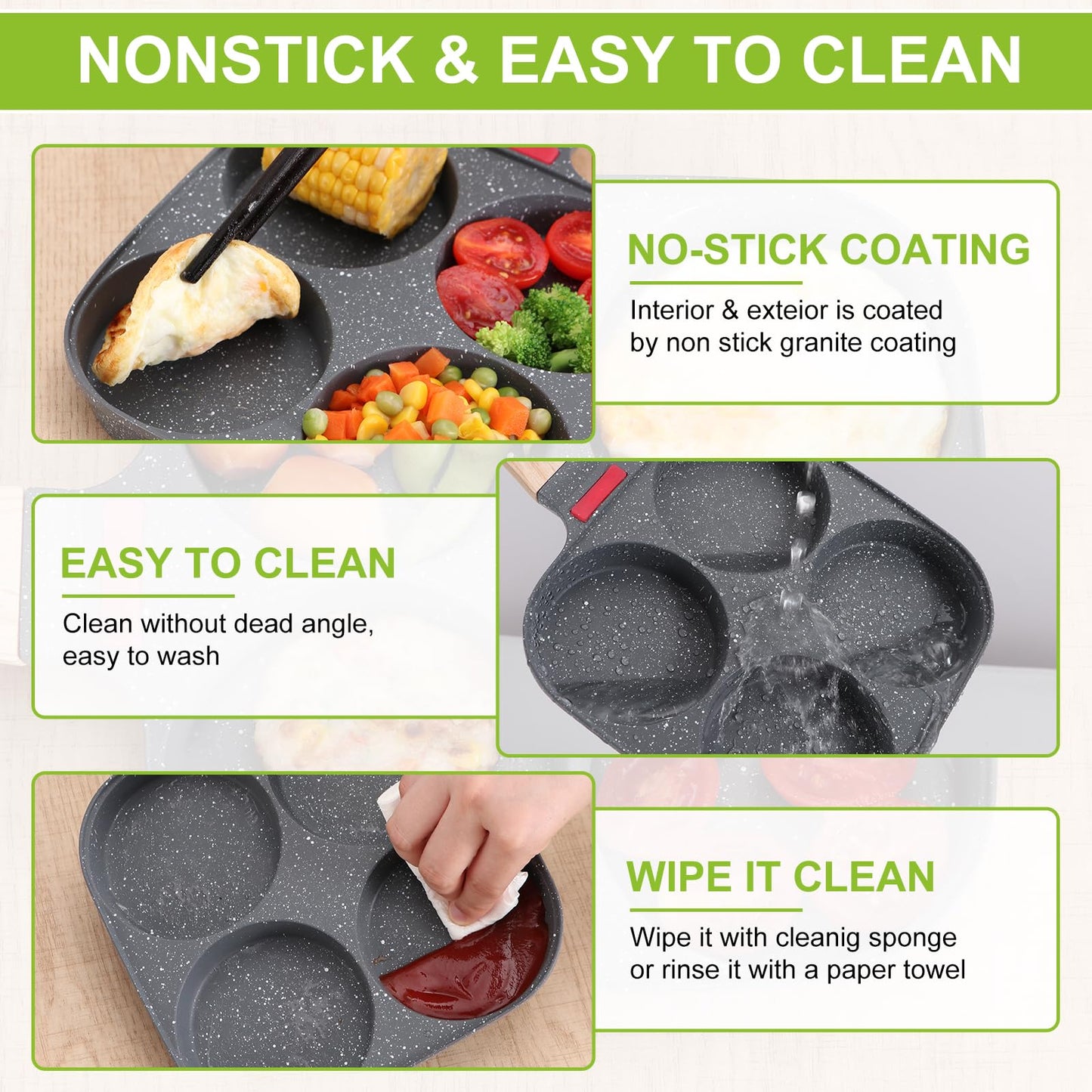4-Cup Egg Pan, Premium Egg Pans Nonstick, Omelette Pan with Lid , Healthy Egg Frying Pan for Breakfast, Egg Sandwich, Hamburger, Pancake, Egg Skillet Suitable for Gas Stove & Induction Cookware