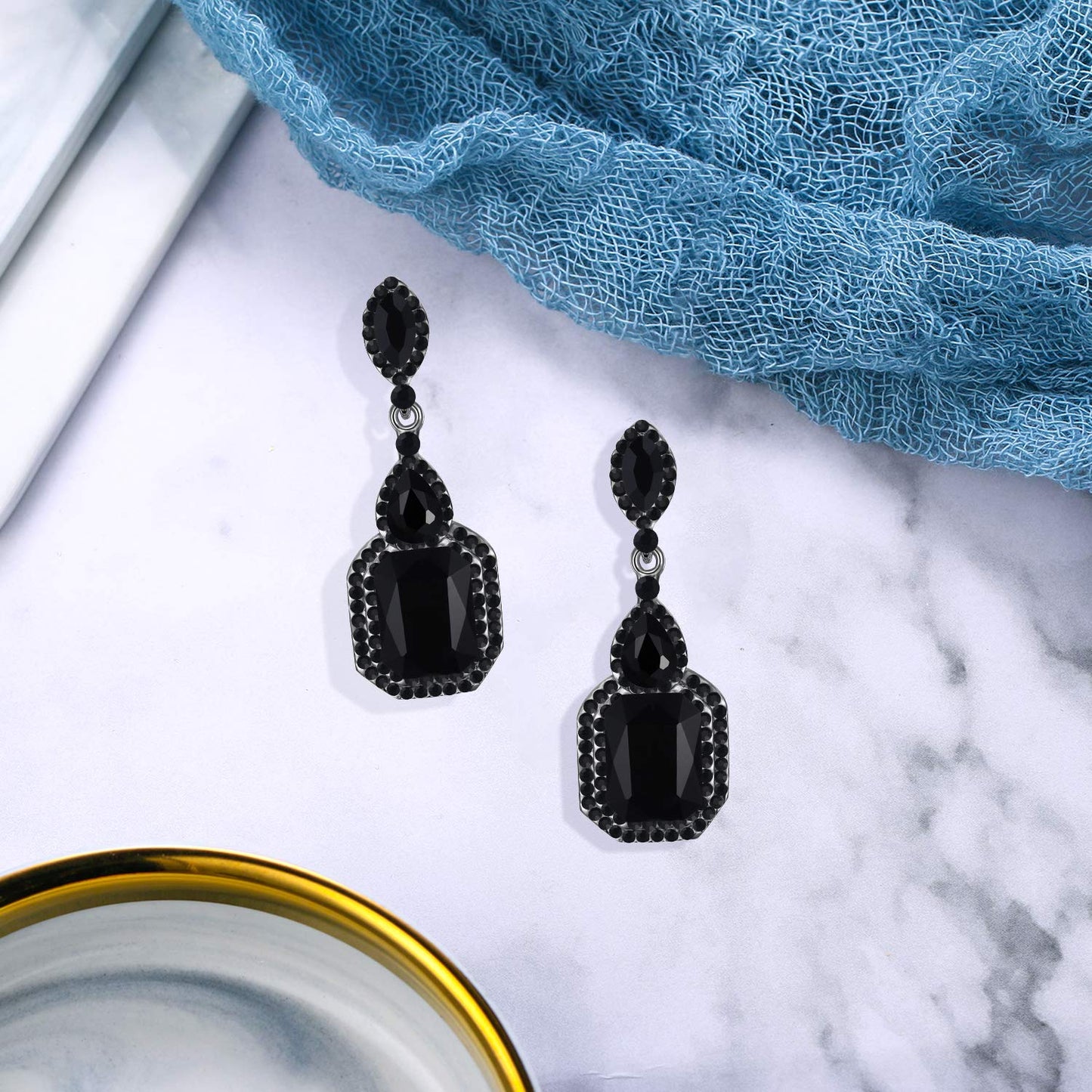 BriLove Wedding Bridal Dangle Earrings for Women Emerald Cut Crystal Infinity Figure 8 Chandelier Jewelry Black Black-Silver-Tone