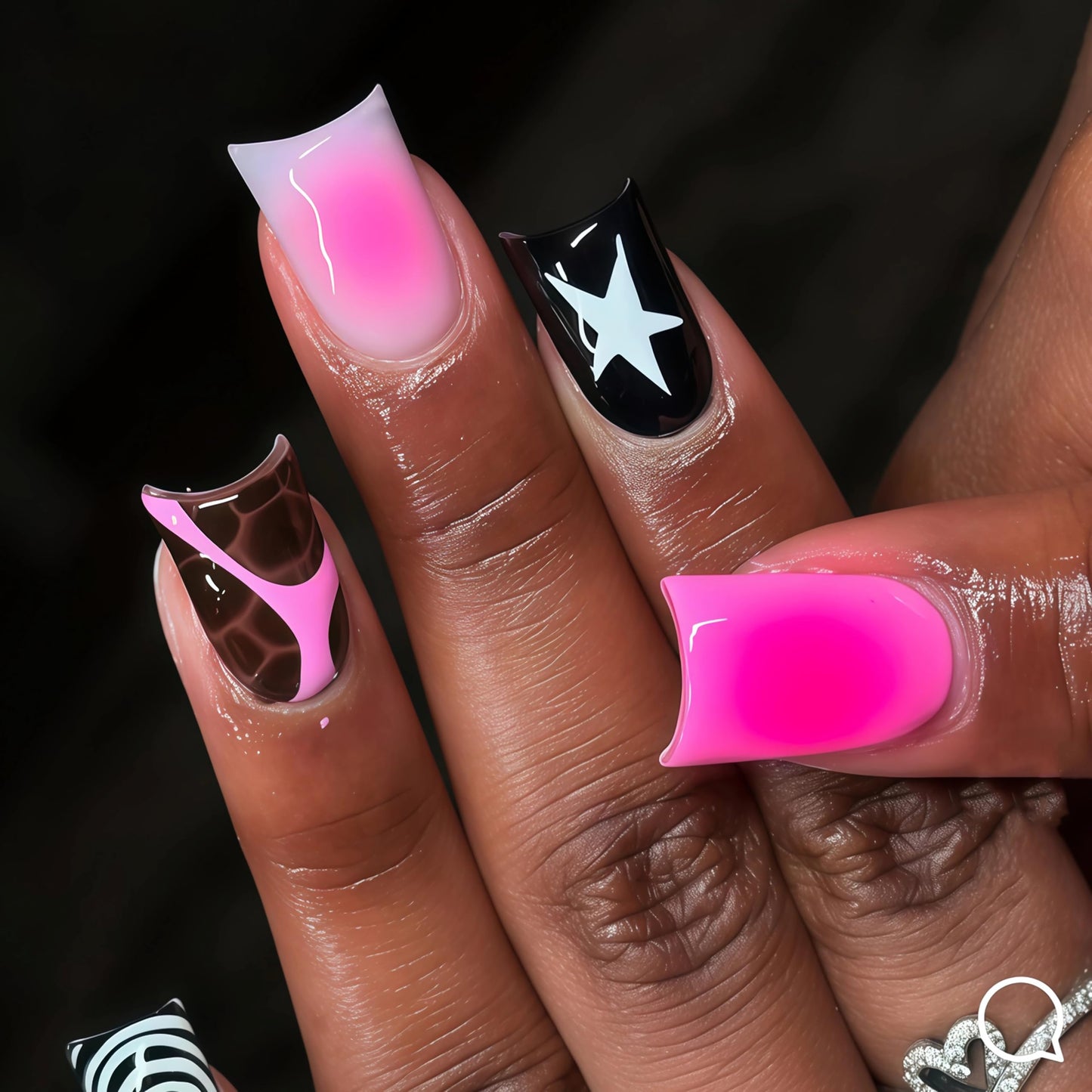 BABALAL Y2K Press On Nails, Short Square Fake Nails, Pink Ombre with Star Print, Black Brown Acrylic Stick On Nails for Women 24Pcs