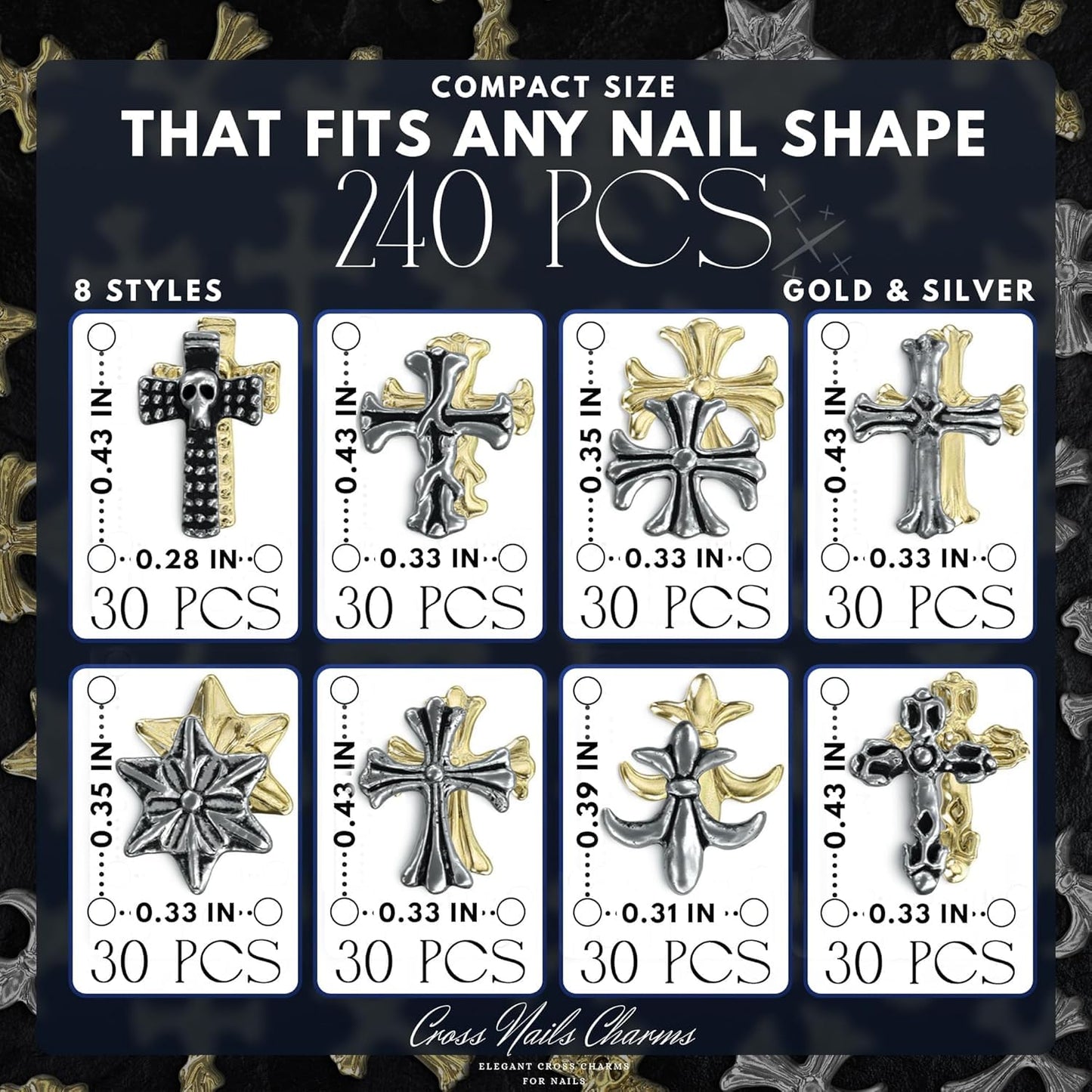 240Pcs Silver & Gold Cross Nail Charms Premium Set – 8 Styles with 3D Raised Design & Metallic Shine, Cross Charms for Nails, Acrylic Nails & Press-Ons – Statement Nail Decorations for Bold Manicures