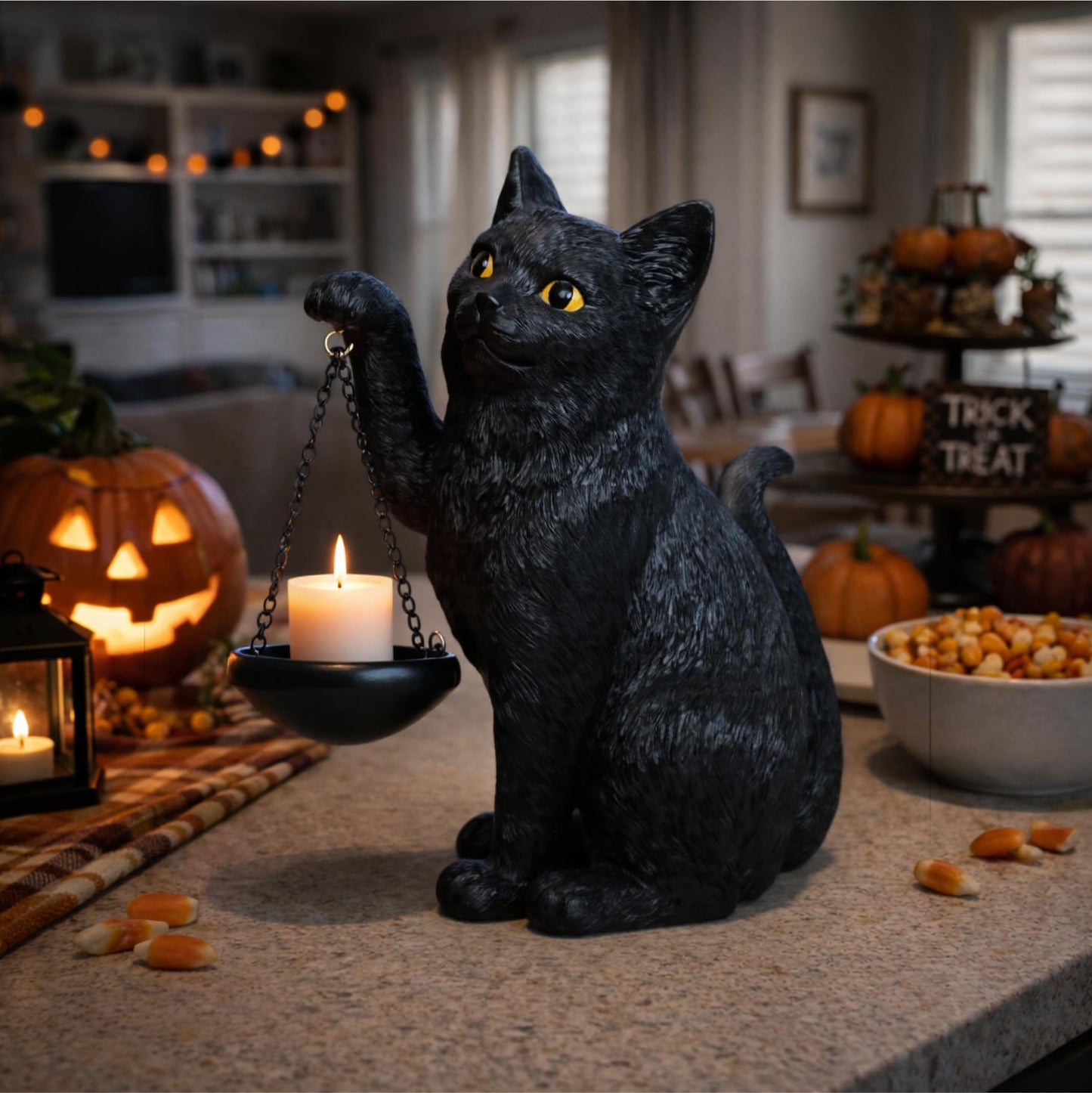 Gothic Black Cat Lamp with Tealight Candle Holder Cat Statue Halloween Decorations Indoor Gothic Home Decor for Living Room Tabletop Shelf Bedroom Unique Goth Witchy Gifts Decor