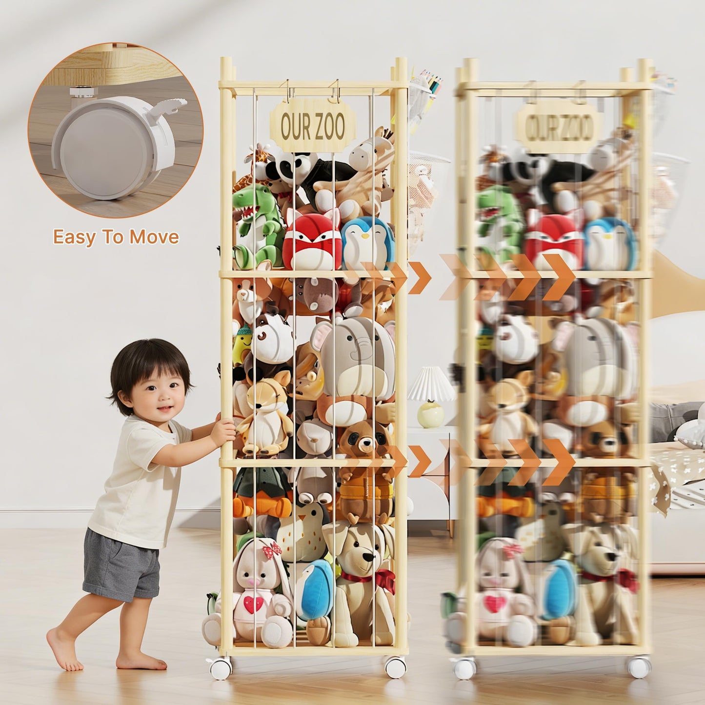 UAMFURI Stuffed Animal Storage with Net Wooden Toy Storage Organizer Stuffed Animal Zoo Storage with Lockable Wheels for Toddler Rooms, Playrooms & Bedrooms (2-Layers)