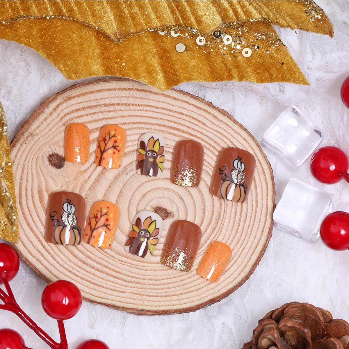 24Pcs Thanksgiving Press on Nails Short Square Fake Nails with Turkey Pumpkin Tree Design Fall False Nails Orange Full Cover Artificial Glue on Nails Glitter Stick on Nail for Women Manicure DIY