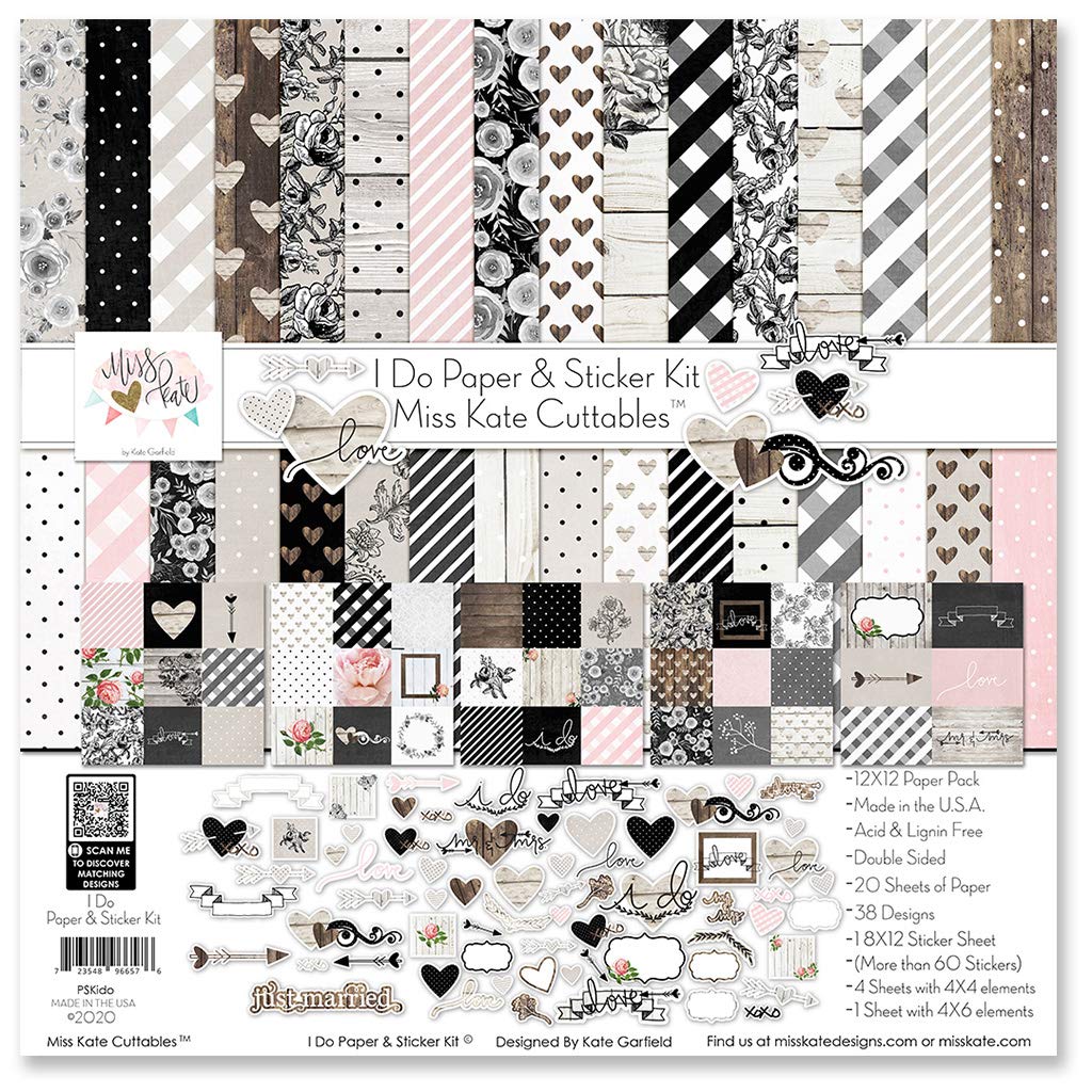 Paper & Sticker Kit - I Do - Wedding - 20 Double-Sided 12x12 Papers with 39 Designs & 1 8X12 Sticker Sheet - Scrapbooking Card Making Crafting - by Miss Kate Cuttables