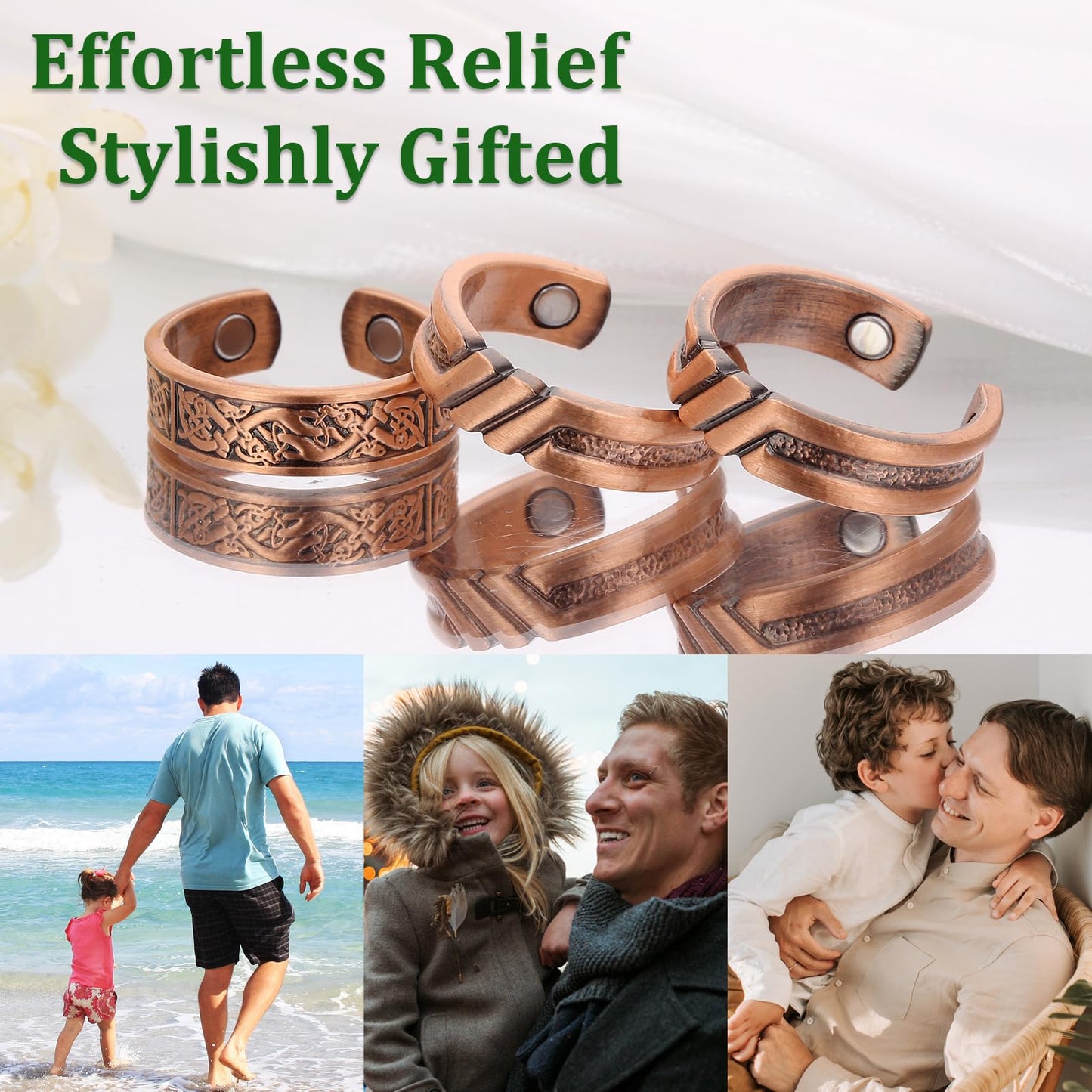 Fashtour 3 Copper Rings for Men, 99.9% Pure Copper Magnetic Rings, Vintage Pattern Adjustable Cuff Ring