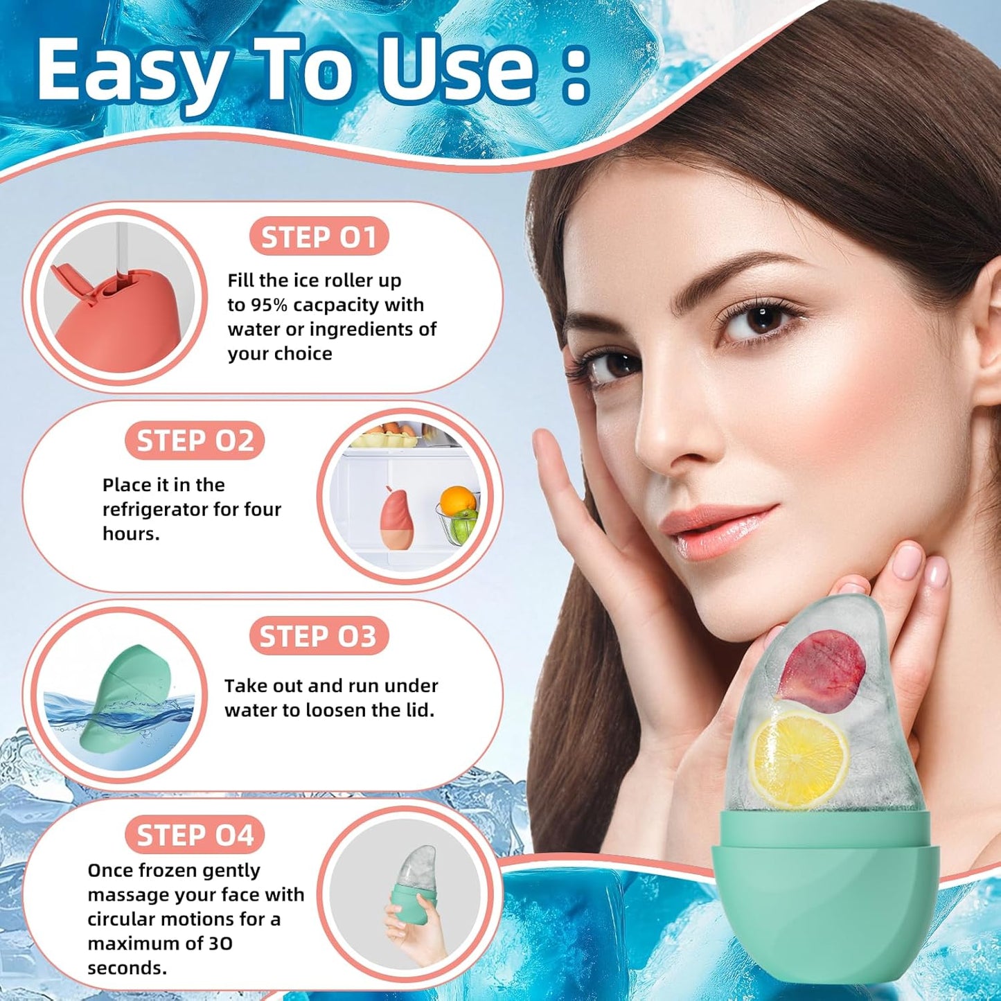 Silicone Facial Ice Cube Roller Massager, Facial Beauty Care Tool, Reusable Face Ice Mold - Brighten Skin, Reduce Puffiness for Face & Eyes (Pink)