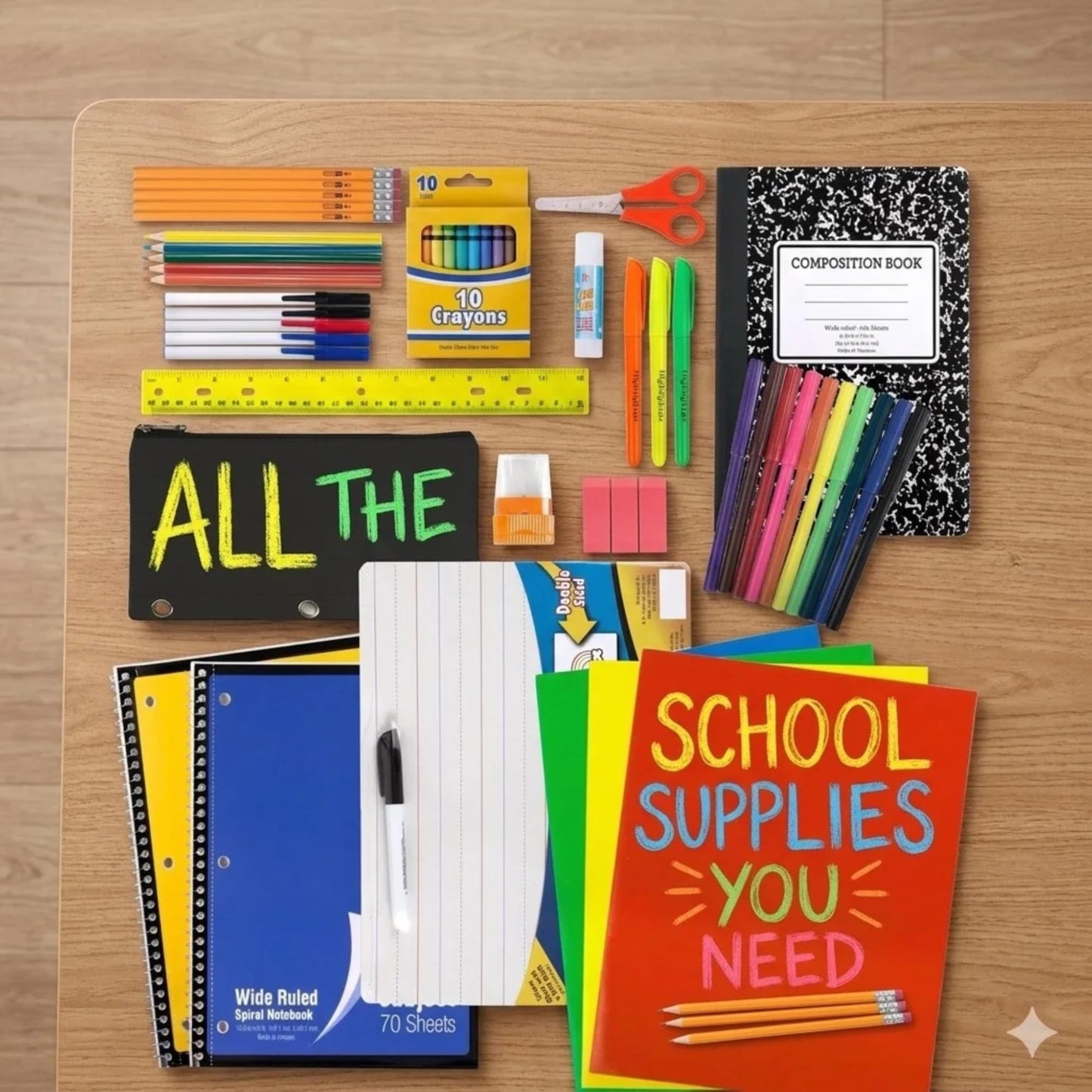 Bebbet 53-Piece School Supplies Kit – Back to School Essentials Set with Folders, Notebooks, Pencils, Pens, Markers, Crayons, Scissors, Ruler & Dry Erase Board for Elementary, Middle & High School