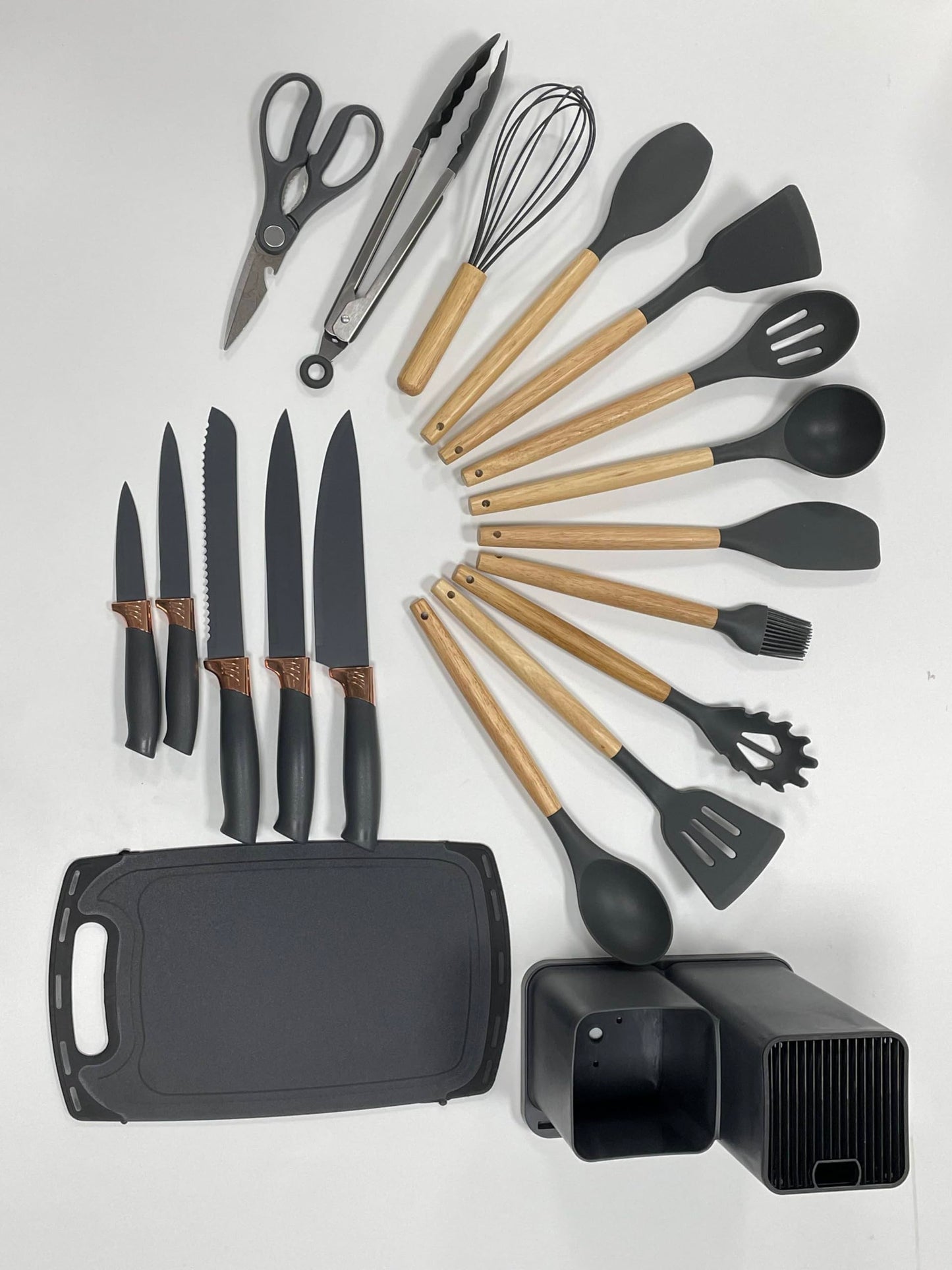 Kitchen Utensils Set & Knife Set with Block, 19 Piece All-in-One Cooking Set, 12 Nonstick Silicone Utensils + 5 Sharp Stainless Steel Chef Knives + Cutting Board, Dishwasher Safe Gift Set (Black)