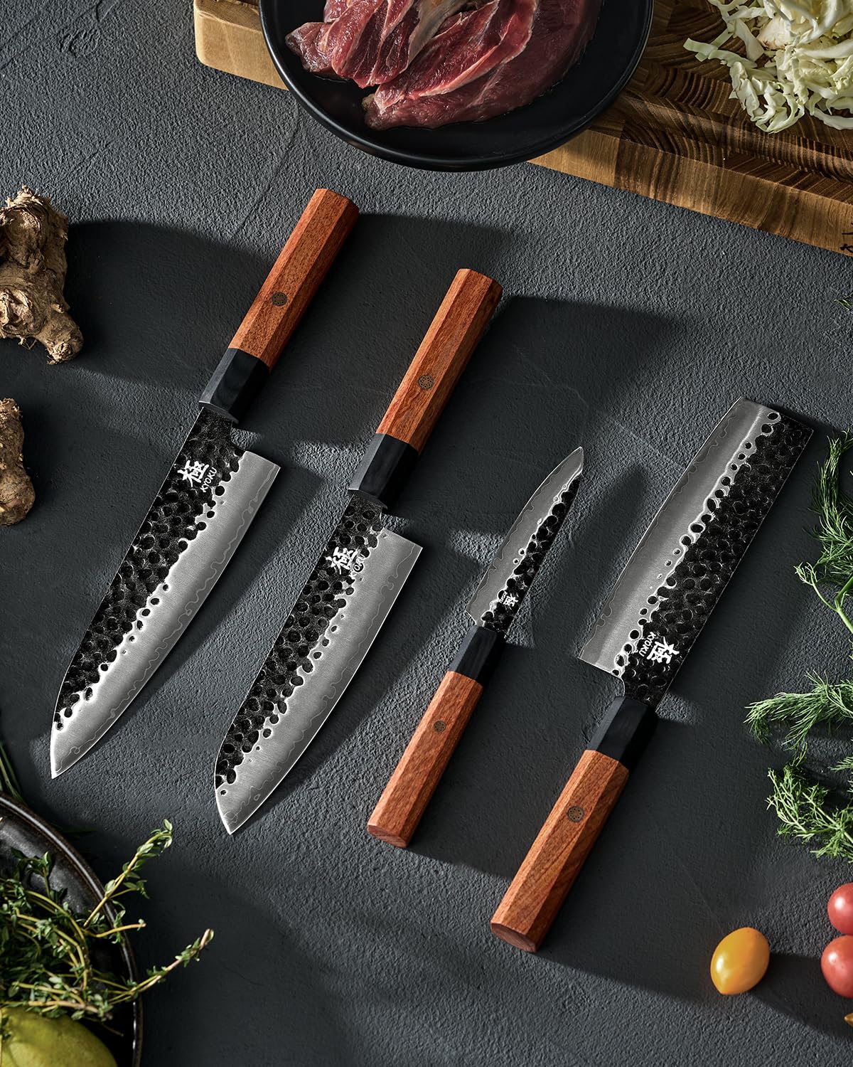 KYOKU 4pc Knife Set, Kage Series Japanese Kitchen Knife Set with Chef Utility Santoku Nakiri Knife, Professional Japanese Style Knives for Chopping Slicing Mincing with Sheaths & Gift Box