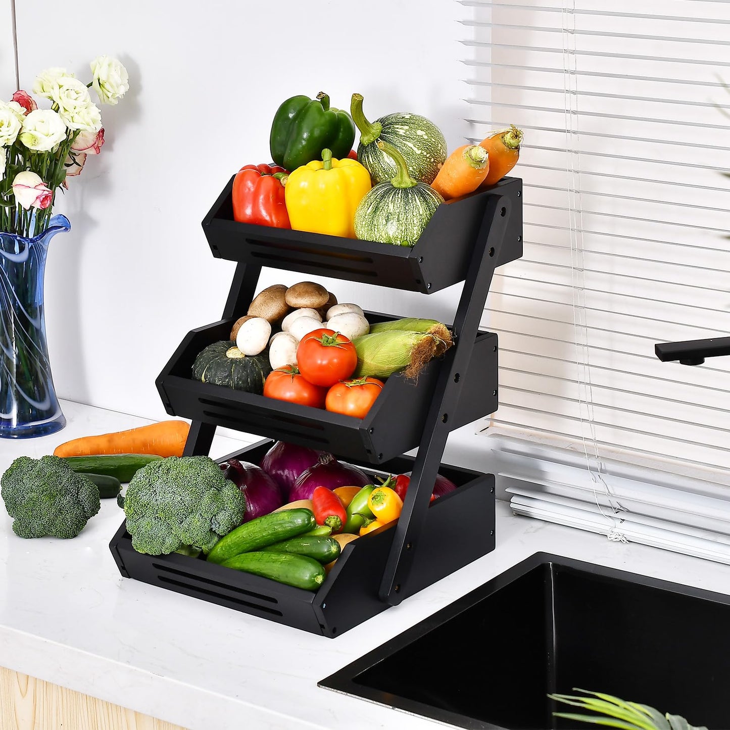 VIKEYHOME Fruit Basket, 3 Tier Bamboo Fruit Bowl for Kitchen, Fruit Vegetables Stand Storage Holder, Idea Home Kitchen Countertop Organizer