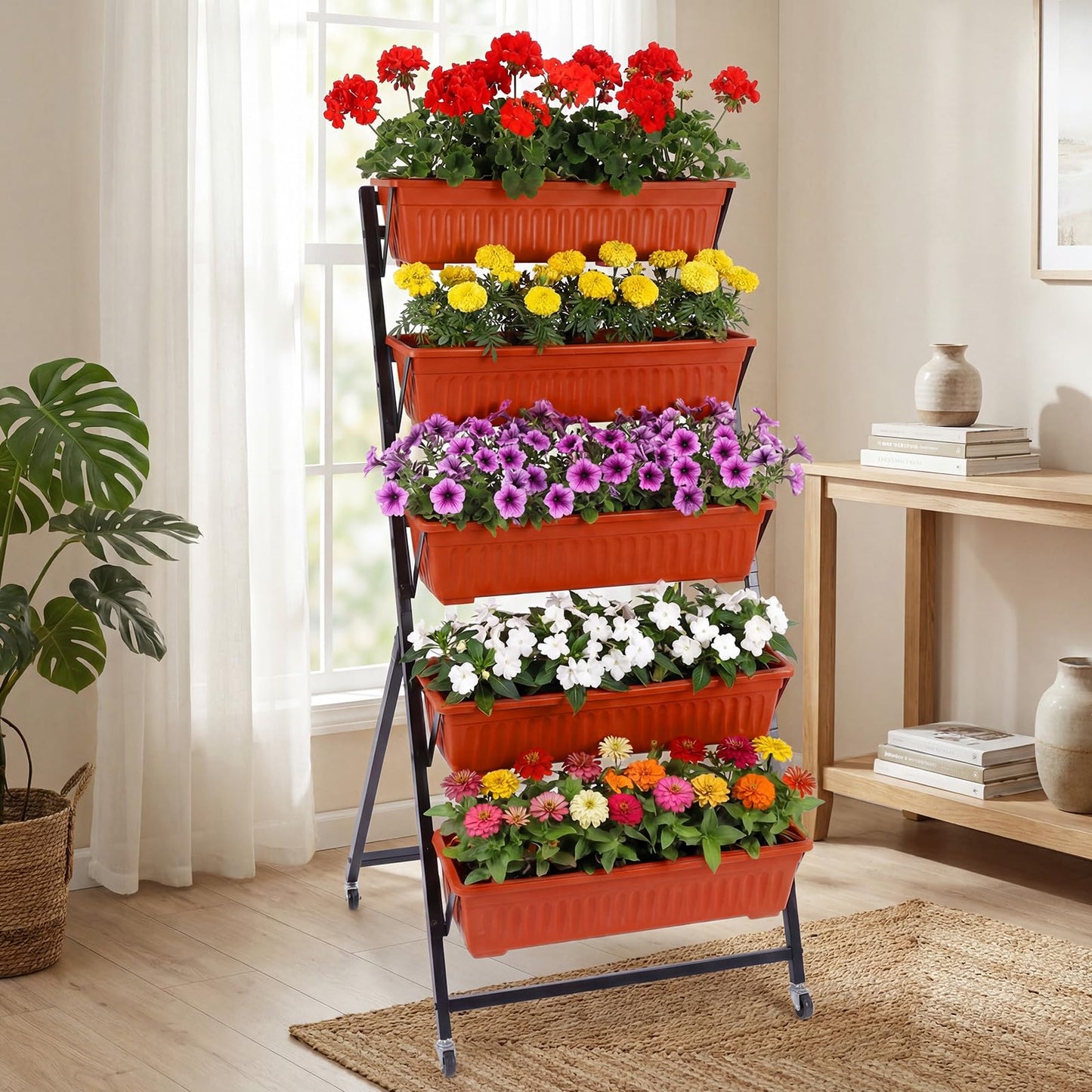 Briwooody 2 Pack 5 Tier Vertical Garden Planter with Wheels 4.5 ft Raised Garden Bed for Strawberry Herb Vegetable Flower Stackable Planter Boxes with Drainage for Patio Indoor Outdoor(Brick Red)