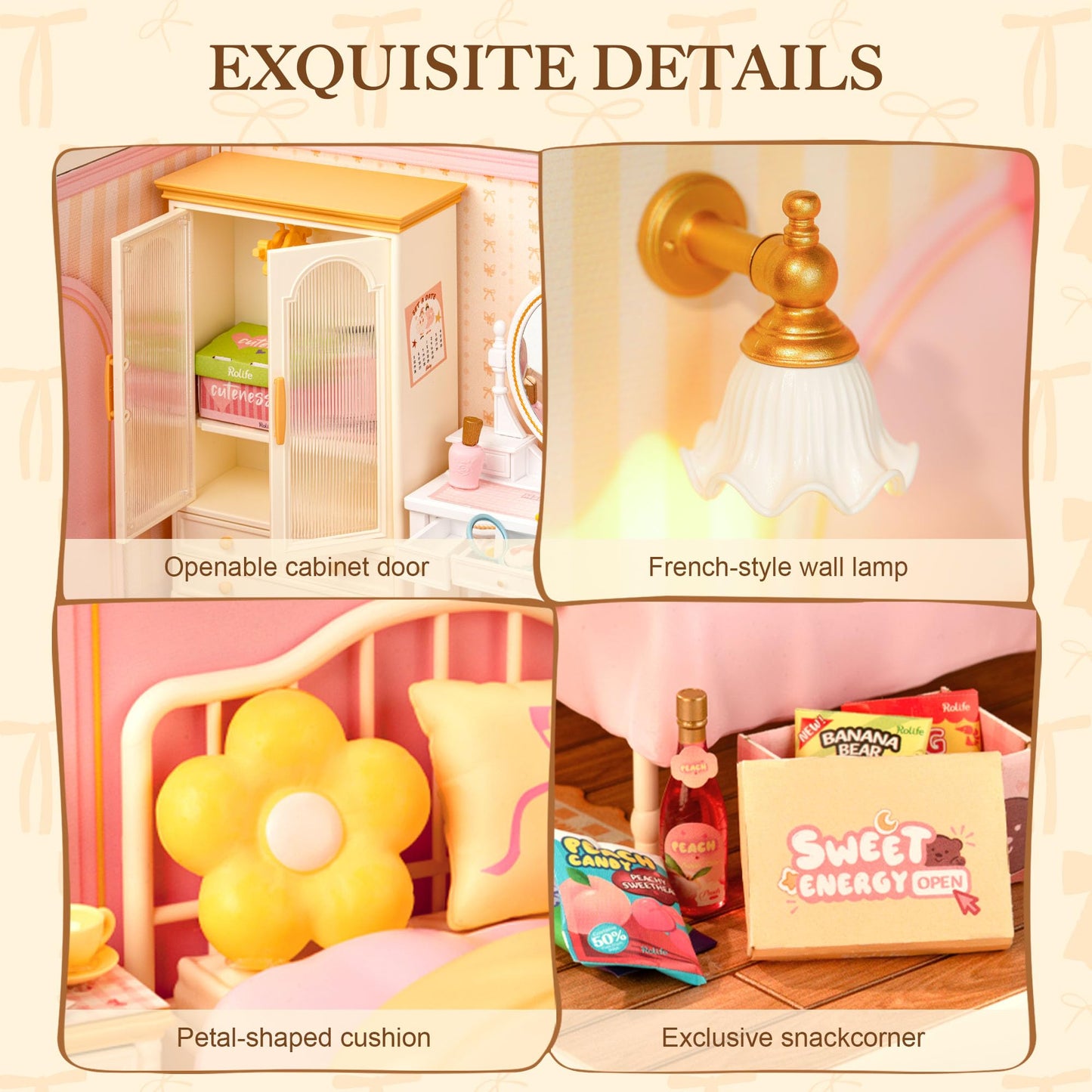 ROBOTIME Super Creator Kits, DIY Miniature House Kit with LED, Plastic Mini House, Toy Building Set, Mini Figures Construction for Teens &Adults, Craft for Home Decor Unique Gift (Lovely Pink Bedroom)