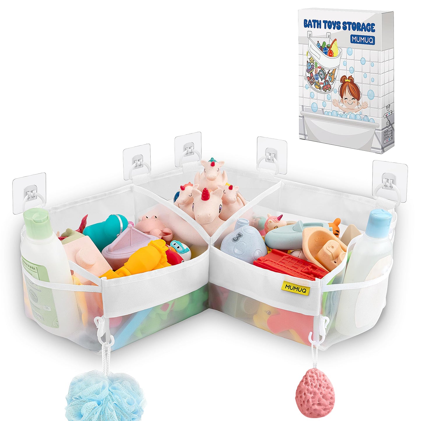 MUMUQ 3 Compartments Bath Toy Storage Corner Bath Toy Holder for Bathtub, Kids Tub Toys Organizer with Adhesive Hooks, Quick-Drying Machine-Washable Mesh Bathroom Organizer for Tidy Bathtub