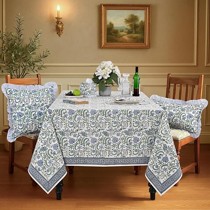 Ridhi Hand Block Print Columbia Blue Rectangle Cotton Tablecloth 160" x 72" Reusable Table Cover Decorative Everyday Use for Dining, Farmhouse, Home Gift for Spring, Easter, Valentine