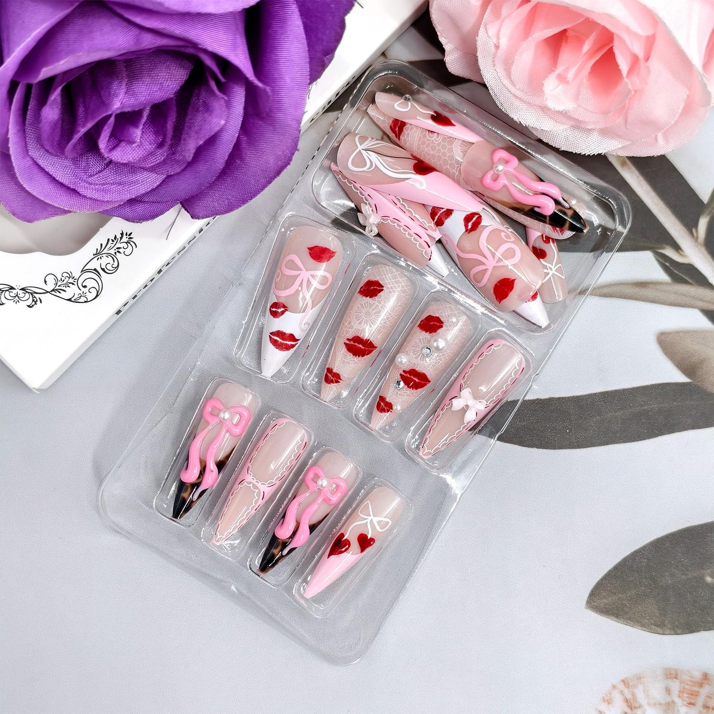 Nude Pink Press on Nails Almond Shaped Artificial Acrylic French Fake Nails 3D Bow with Red Lip Print Pearl Long Design Stick on Nail Glossy Glue on Nail Artificial Fingernails for Women Manicure