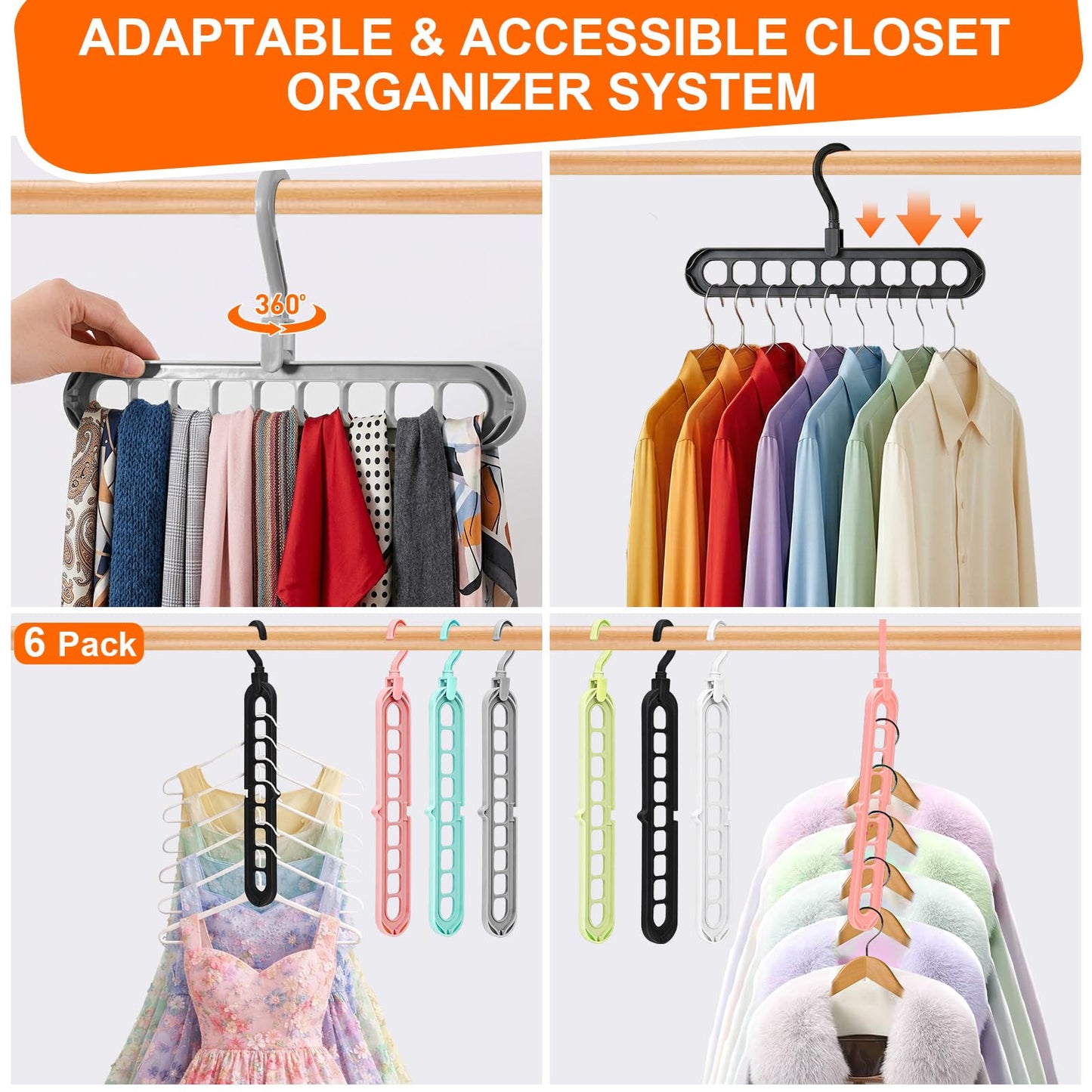 Closet Organizers and Storage,College Dorm Room Essentials,Pack of 6 Multifunctional Organizer Magic Space Saving Hangers with 9 Holes Storage Organization for Wardrobe Closet