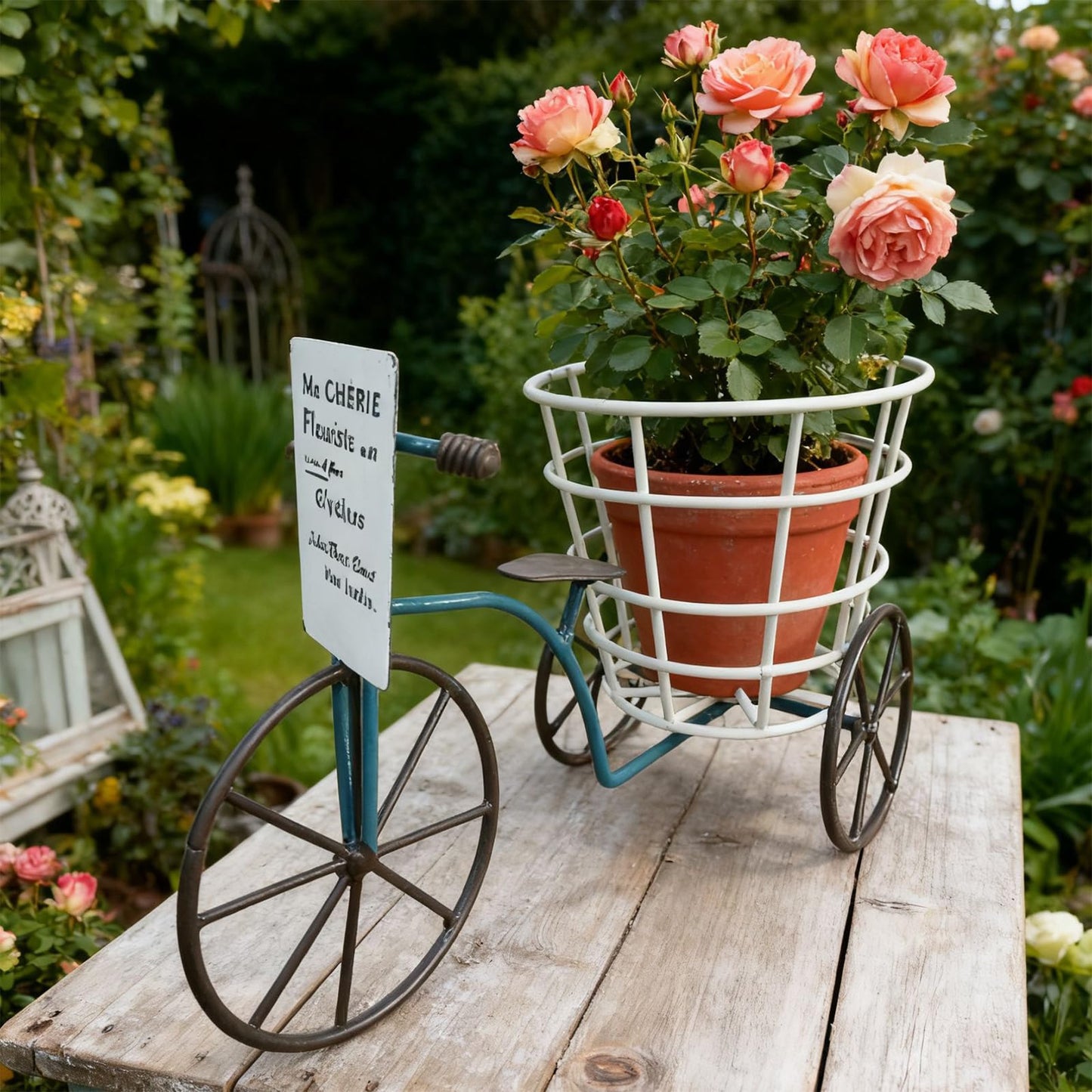 Psdndeww Metal Three Wheel Flower Pots Holder Container for Plant with Drainage Sturdy Construction Easy to Assemble and Maintain Beautiful Iron Tricycle Flower Pots Holder Container