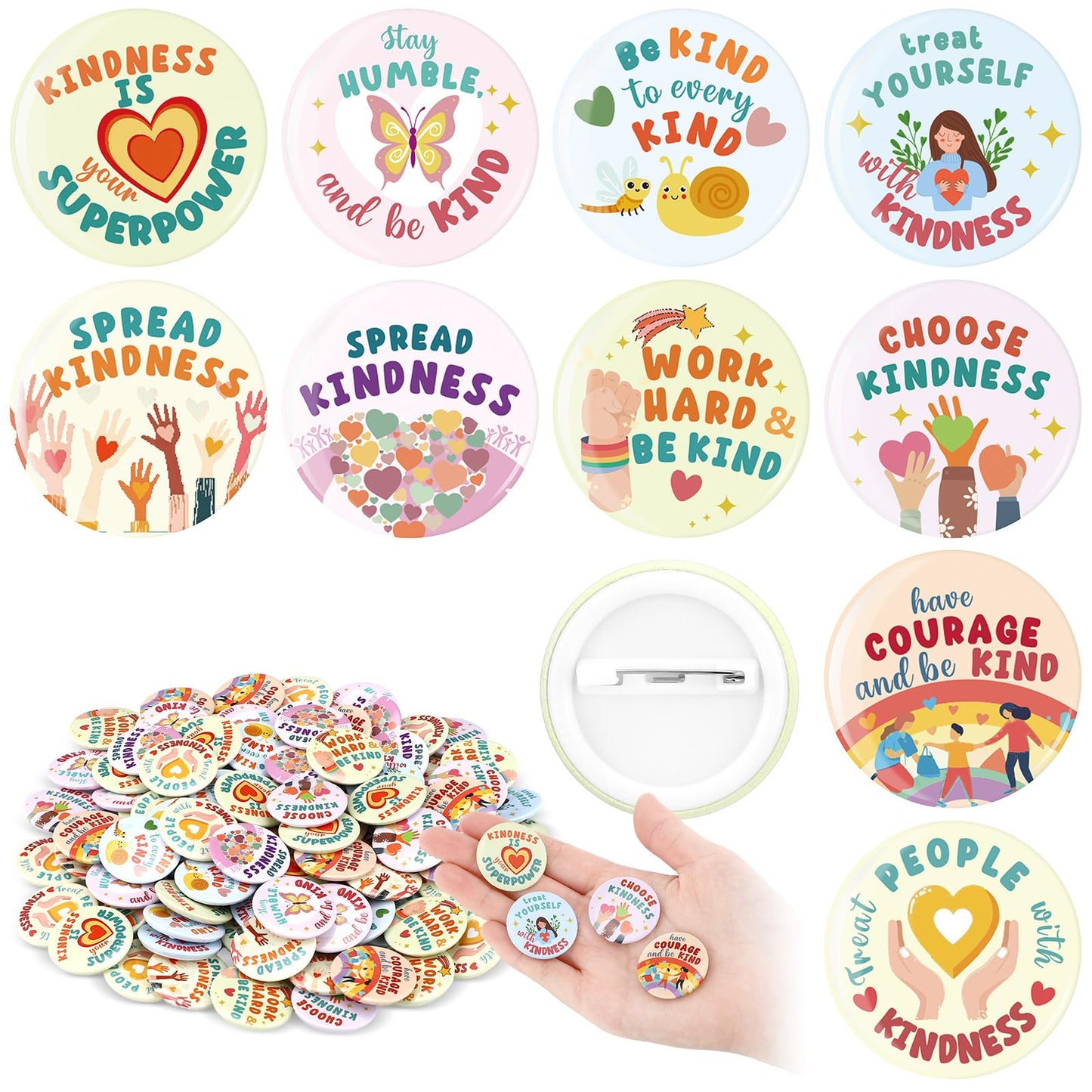 Glitinsel 100 Pcs Reading Awards/Be Kindness Pins Back to School Funny Reading Prizes Kindness Book Lover Round Buttons Pins Positive Incentive Reward Prizes for Students Classroom(Kindness)