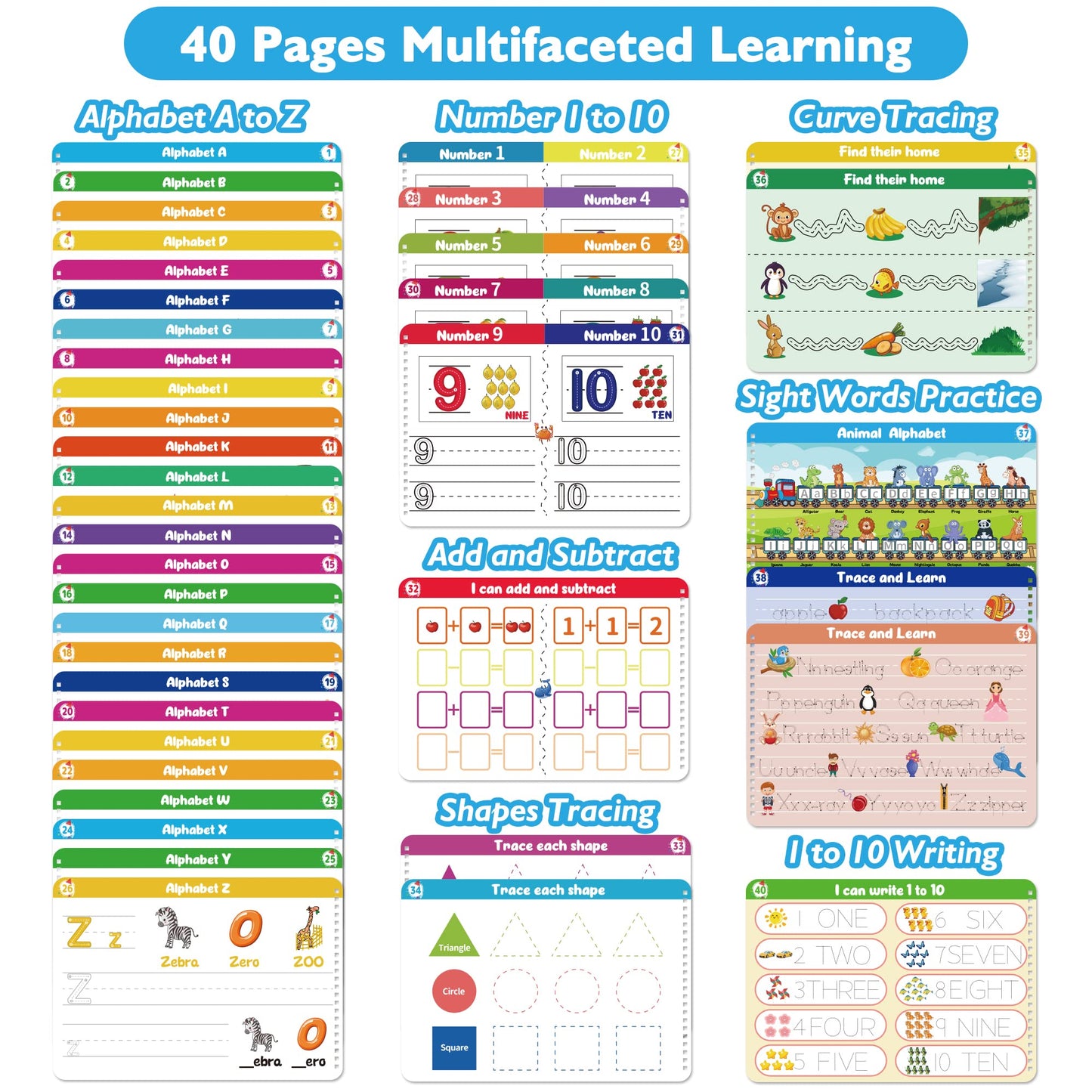 Handwriting Practice Tracing Books for Kids Ages 3-5, Montessori Preschool Learning Activity, Autism Educational Learn Number Letters Shapes Animal & Sight Words Workbook with 8 Dry Erase Markers
