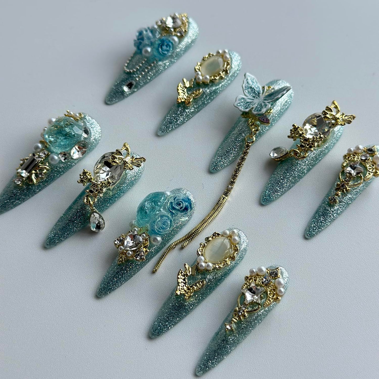 Luxury Press on Nails Long Almond Handmade 3D Unique Reusable ABS Material Fake Nails Light Blue Gothic False Nails with Designs Rhinestones Charms Glitter Glossy Glue on Thick Acrylic Nails(M)