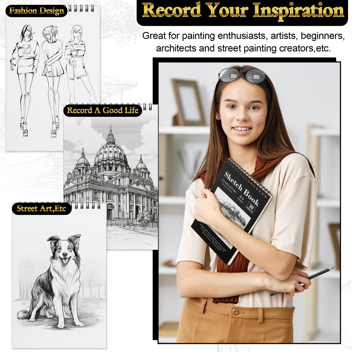 Humyoun 24 Pcs Top Spiral Bound Sketch Pad with Drawing Pencils Set, 5.5 x 8.5 Inch Sketchbook, 68lb(100gsm) Thick Paper, Charcoal & Graphite Pencils (12B-4H) for Shading, Artists & Beginners