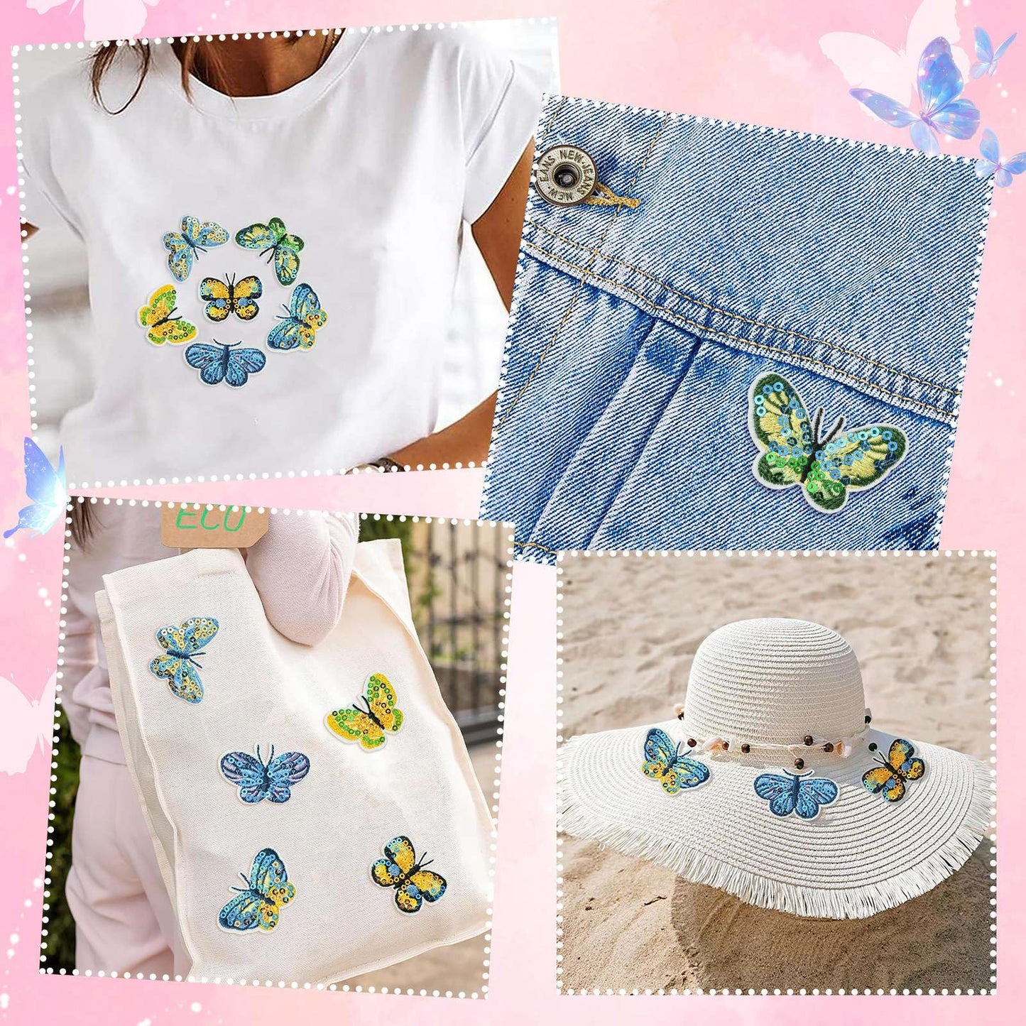Gythara 16 Pcs 8 Styles Spring Butterfly Theme Polyester Patches Sequin Insect Animal Iron on Embroidery Appliques for Clothes Bag Backpack Sewing Craft Costume Accessories