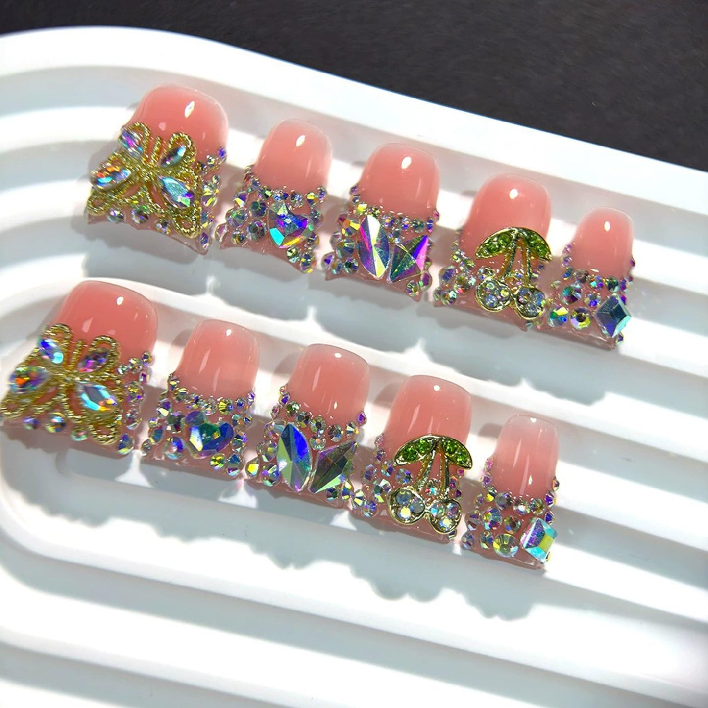 Handmade Press on Nails Luxury 3D Crystal Short Duck False Nails with Gold 3D Butterfly Designs Reusable French Tip Fake Nails Sparkly Pink Acrylic Stick on Nail for Women DIY 10Pcs(Size M)
