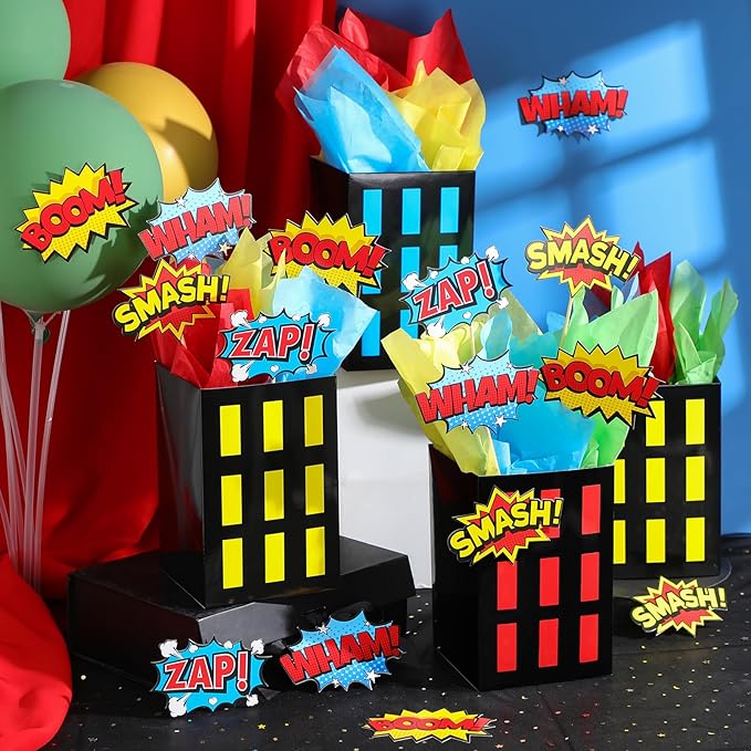 4 Sets Hero Theme Party Decoration Hero Boxes Centerpiece (7.9 x 5.1 x 5.1 Inch) Sticks with Tissue Paper Standing Cards Birthday Baby Shower Party Supplies (Red,Yellow,Blue)