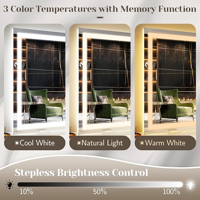 FENNIO Large Vanity Mirror with Lights，40" x 28"Makeup Mirror with Lights，Hollywood Mirror with 3 Color Modes & Adjustable Brightness，Vanity Mirror Square White