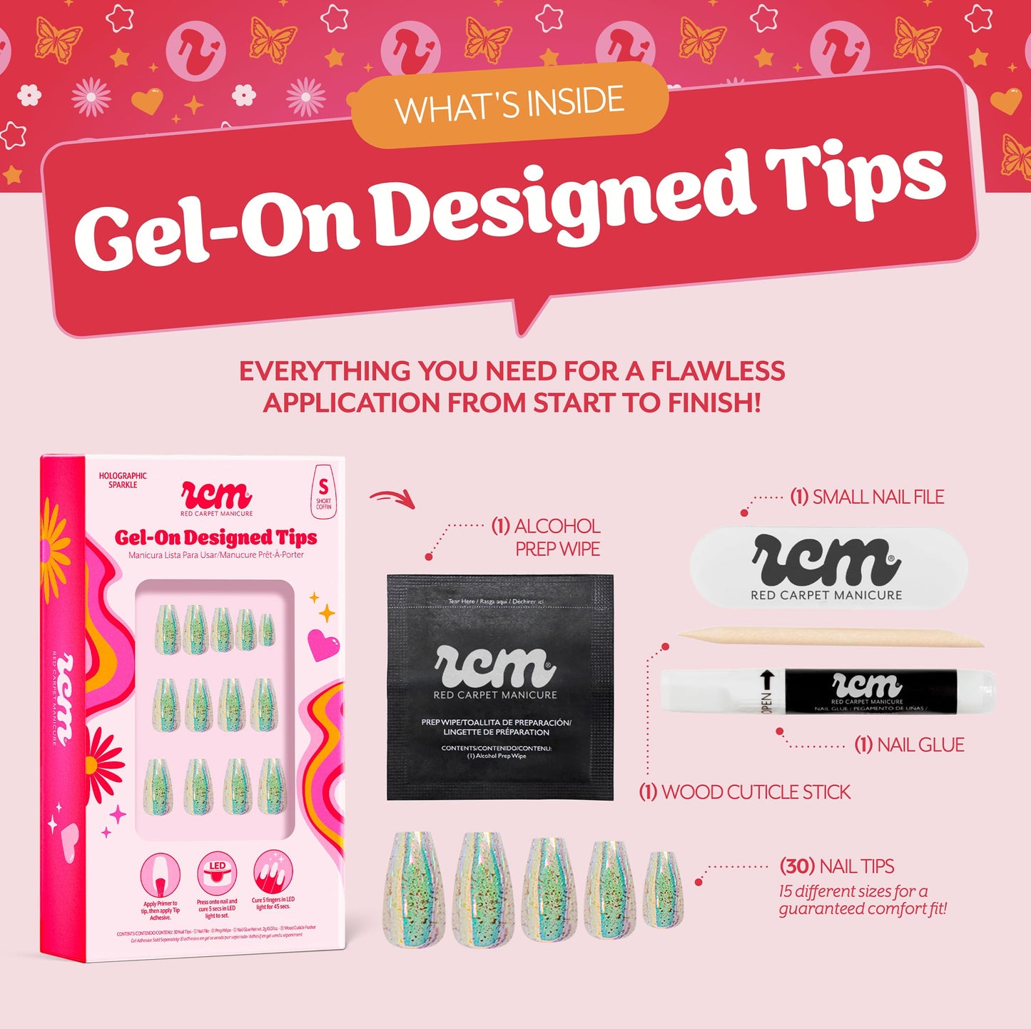 RC Red Carpet Manicure Gel-On Designed Tips - Full Coverage, Flexible, Break-Resistant, 21-Day Wear, UV/LED Cured Gel Adhesion for Natural Look (Holographic Sparkle Short Coffin)