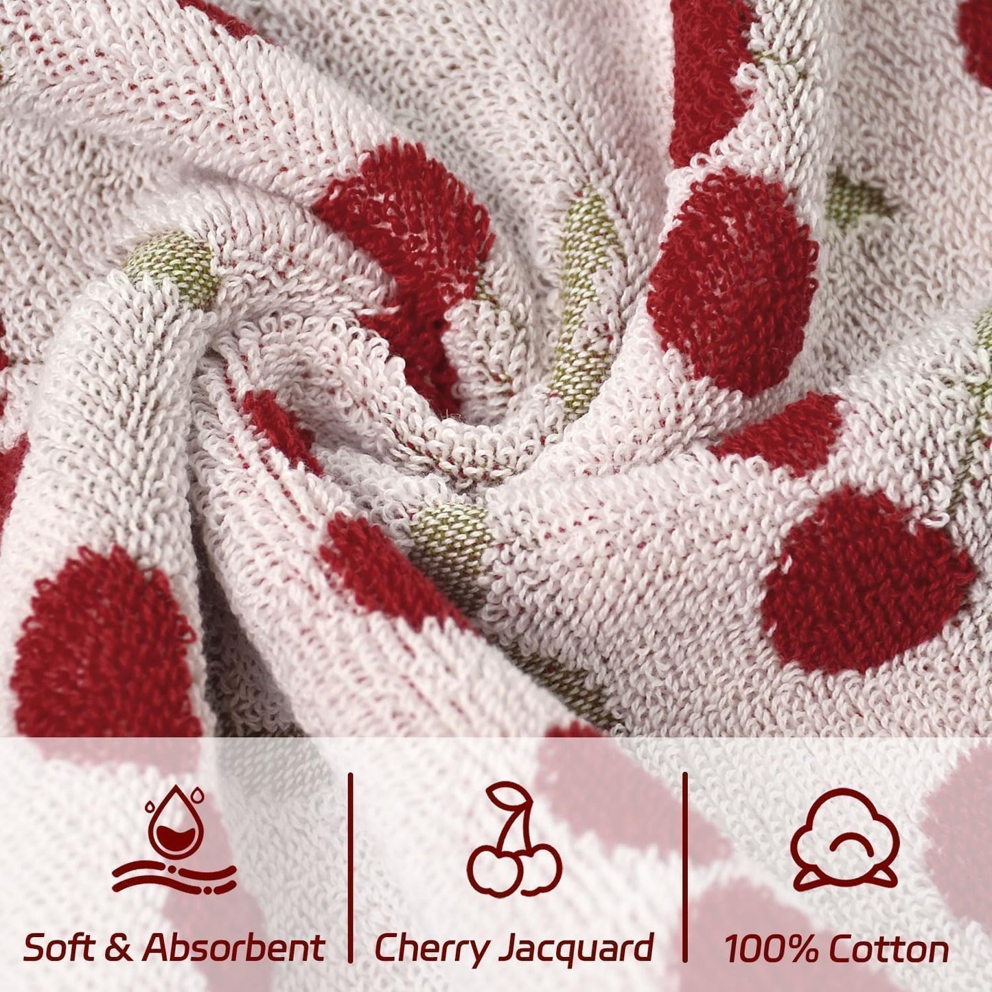Cleanbear Cherry Pattern Washcloths 6 Pack, Reversible Cotton Wash Cloths 13 x 13 Inches, Soft Absorbent Face Towels for Bathroom, Red