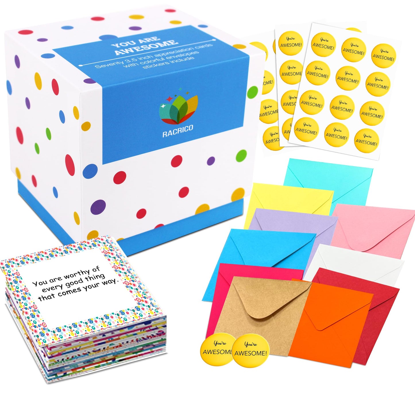 Racrico 70 Inspirational Cards with Envelopes & Stickers – 3.5x3.5 Positive Affirmation Notes in Gift Box – Encouragement, Gratitude, Motivation.