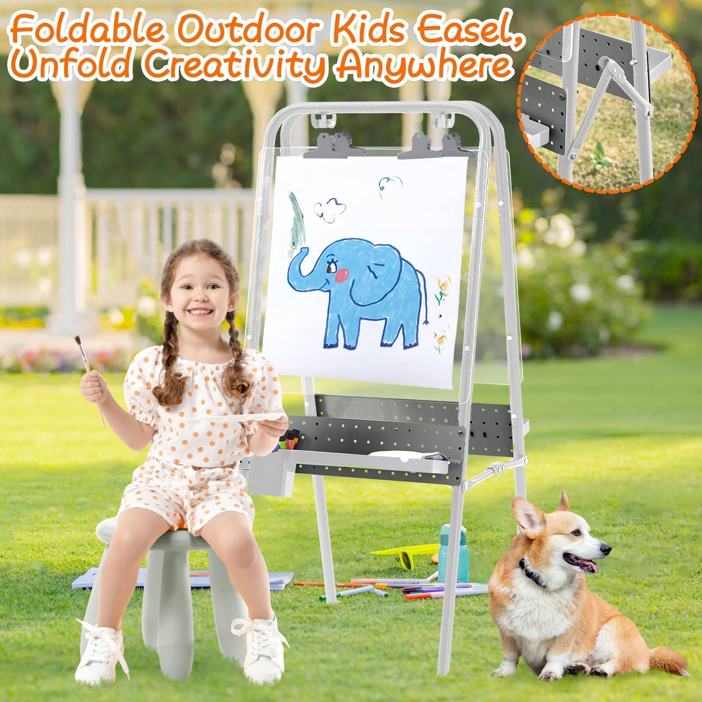 FUNLIO 2-in-1 Outdoor Easel for Kids Ages 3+, Foldable Waterproof & Sunproof Toddler Easel, Double-Sided Kids Art Easel with 2 Acrylic Boards & 20+ Accessories, Portable and Stable - Grey