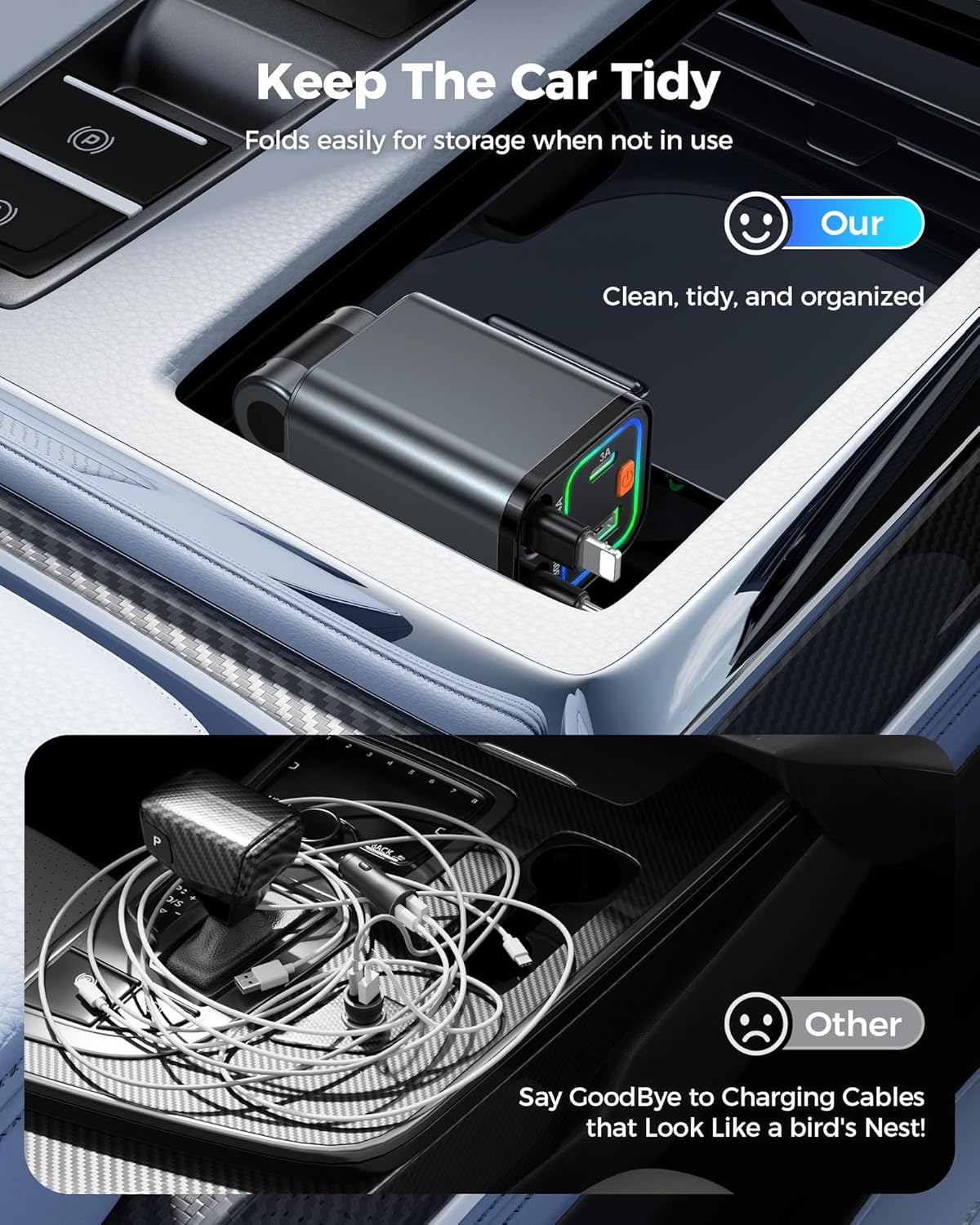 Retractable Car Charger 84W, 4-in-1 Fast Car Charger with Retractables 2.6ft, Cigarette Lighter Charging Block USB+USB C Cube for iPhone 16 Pro MAX 15 14 13 12 Plus,Samsung Galaxy,Pixel