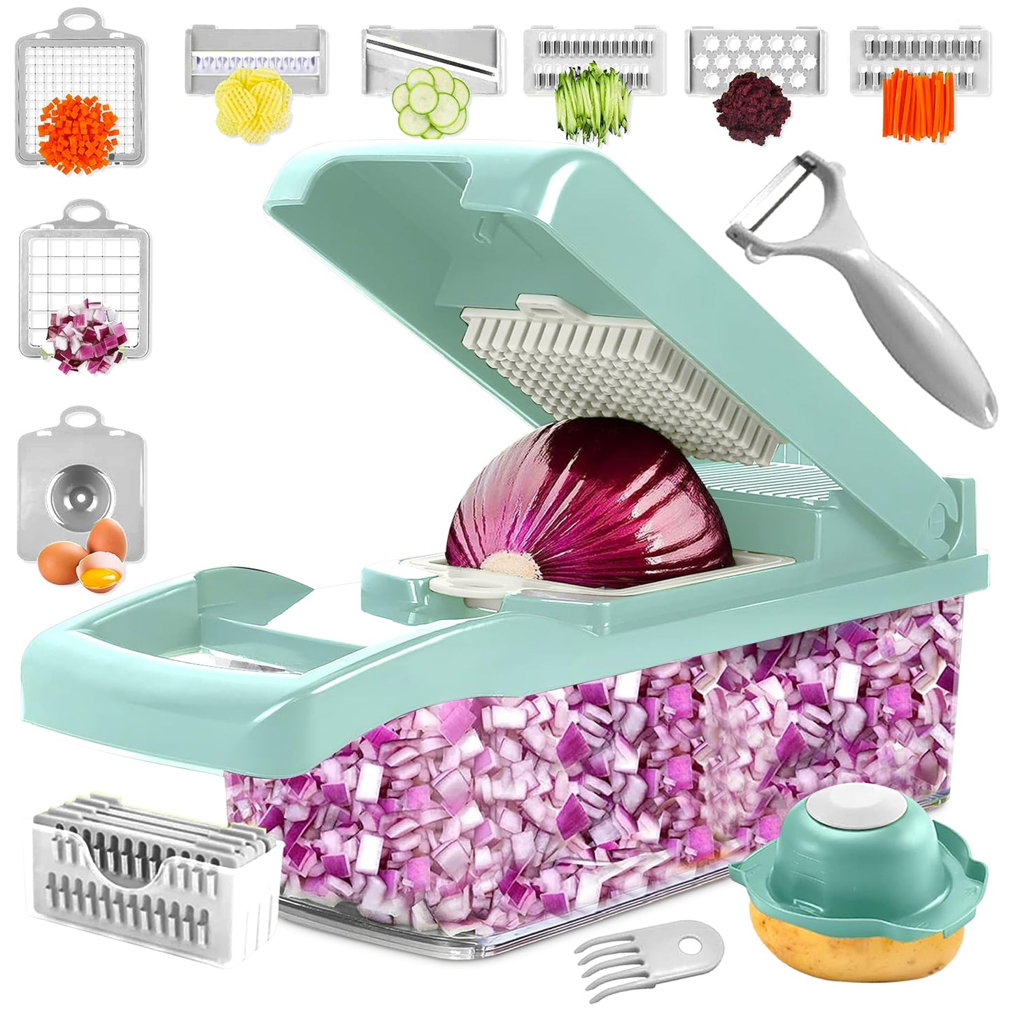 Kitchenvelly Vegetable Chopper 16 in 1 with Container, Veggie Chopper Food Chopper and Dicer, Onion Chopper Vegetable Cutter with 8 Stainless Steel Blades, Easy Meal Prep Kitchen Tool, Blue