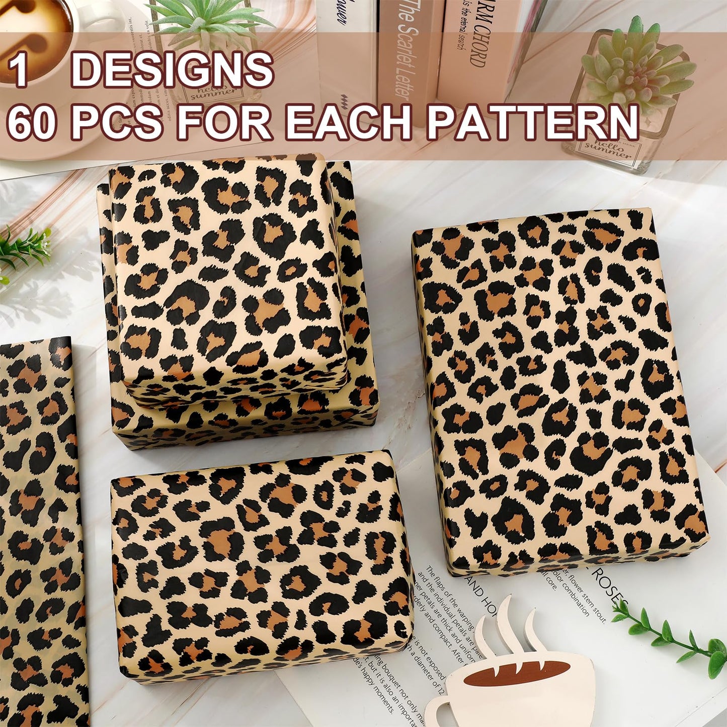 60 Sheets Leopard Print Tissue Paper Gift Wrapping Paper Floral Bouquet DIY Art Crafts Tissue for Wedding Birthday Holiday Party, 14 x 20 Inch