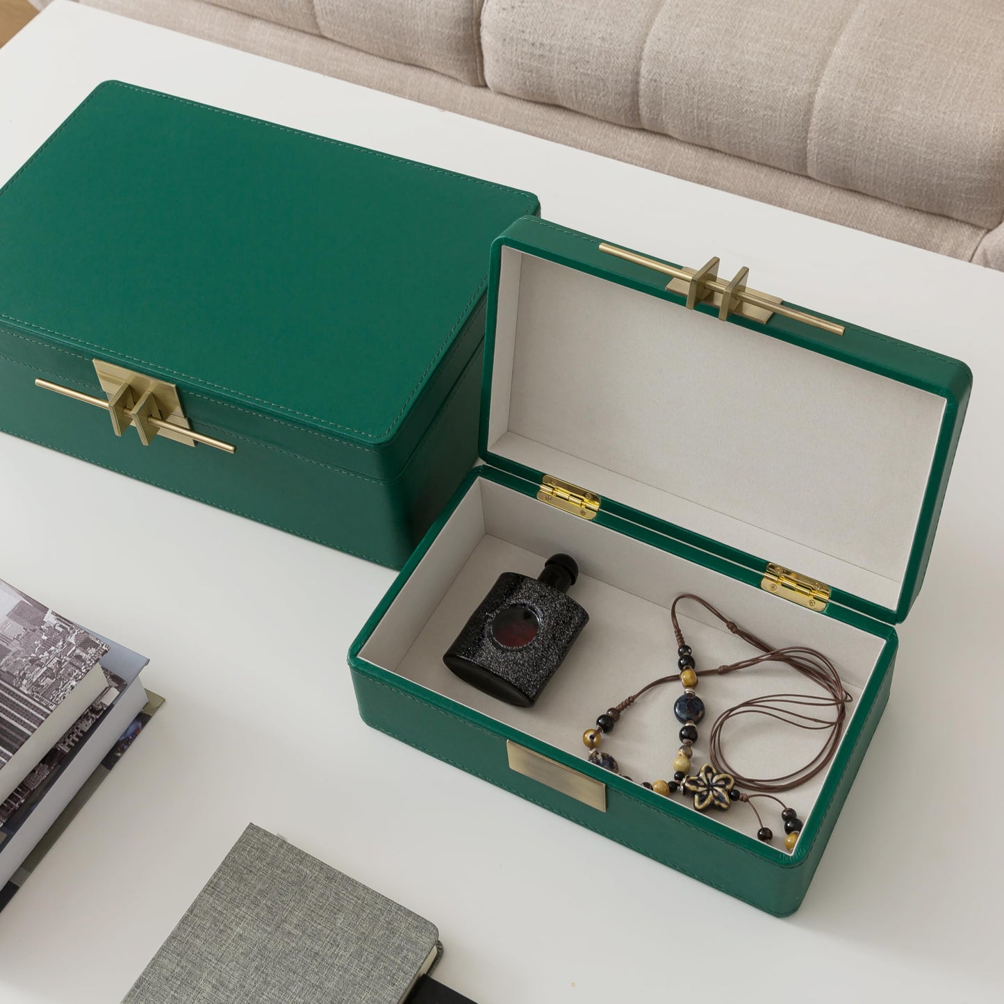Soul & Lane Faux Leather Decorative Boxes with Lids for Home Decor, Set of 2 Stacking Hinged Boxes for Coffee Table and Living Room Shelves, Remote Control Holder, Emerald Green