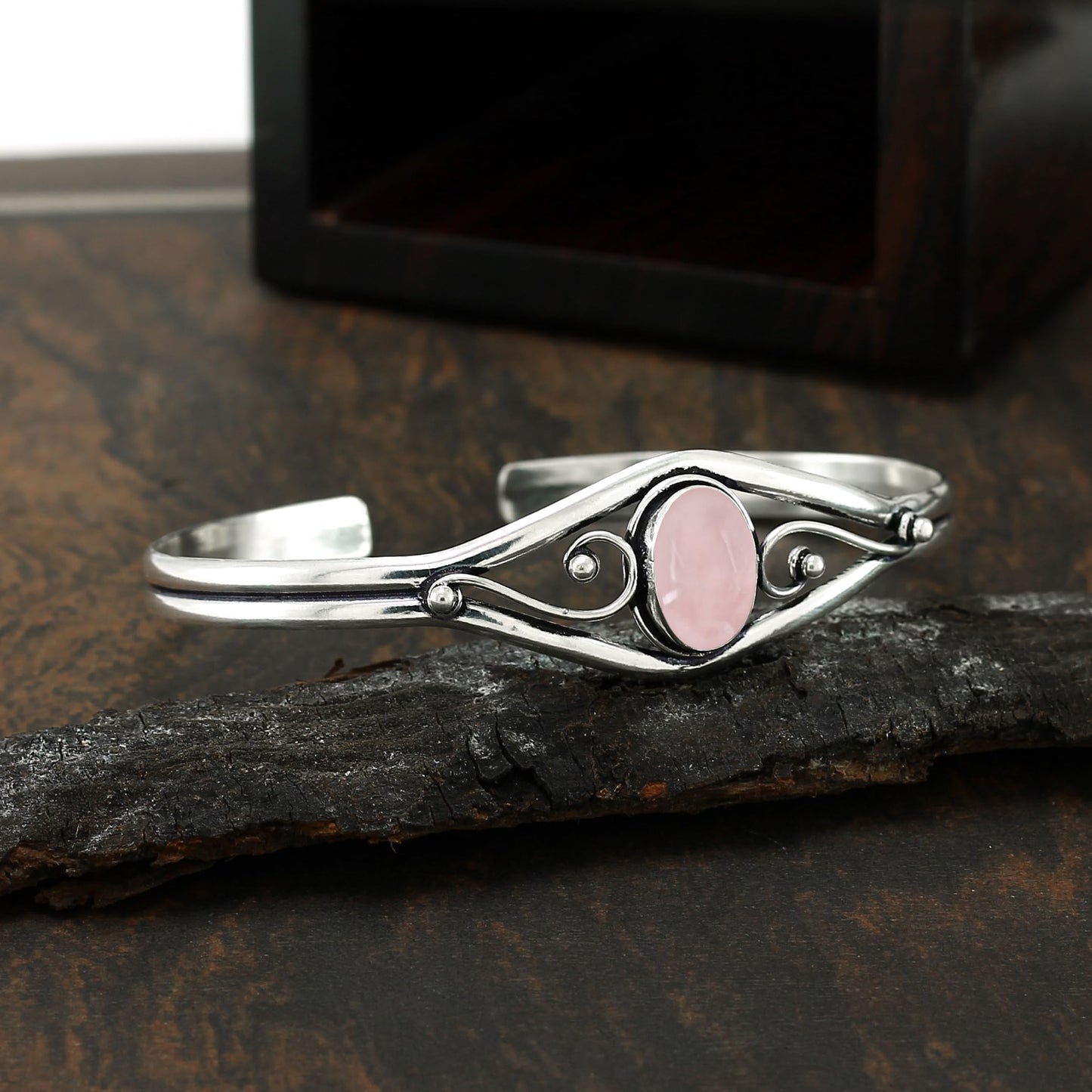 925 Silver Plated Natural Rose Quartz Cuff Bangle Bracelet for Women – Handmade Open Bangle – Pink Gemstone January Birthstone Statement Jewelry – Gift for Her