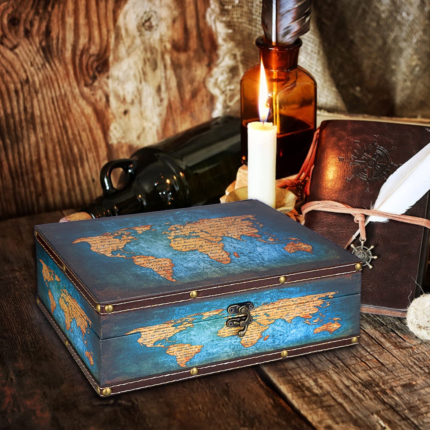 ELLDOO Decorative Treasure Chest Box, Wooden + PU Leather Storage Box for Jewelry Trinkets Photos, Rectangular Keepsakes box for Girls Women Gifts, Green Map Pattern