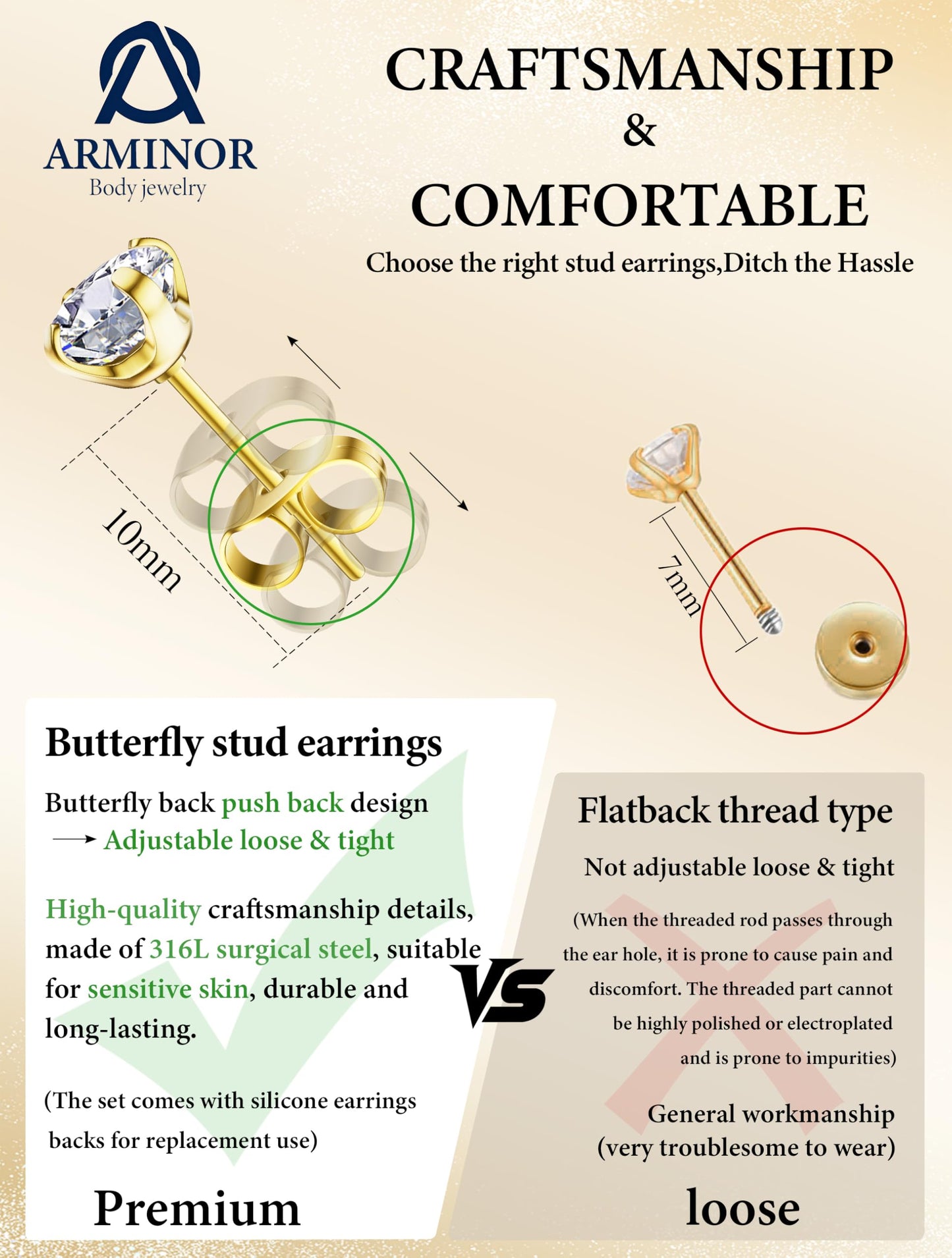 Arminor 7 Pairs 20G Stud Earrings for Women Men Hypoallergenic 316L Surgical Stainless Steel Earrings for Multiple Piercing | AAAAA+ Cubic Zirconia Earring Stacks with Butterfly & Silicone Backs
