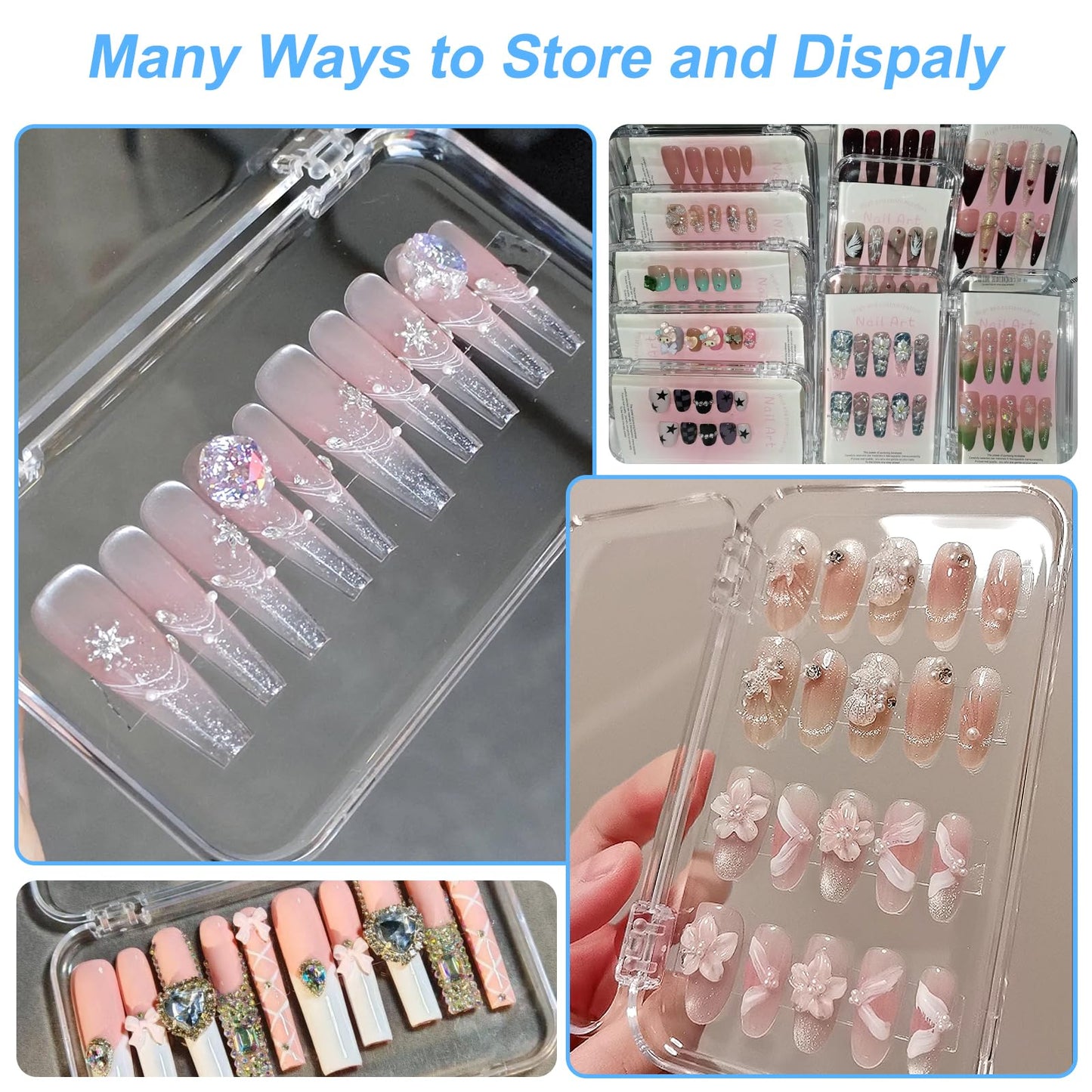 14Pcs Press On Nail Packaging Box Large,Press on Nail Storage Boxes for Press Ons Long, fit XL-3XL False Nail Display Cases with 60 Pcs Adhesive Tape, Plastic Clear Box for Fake Nails Storage Business