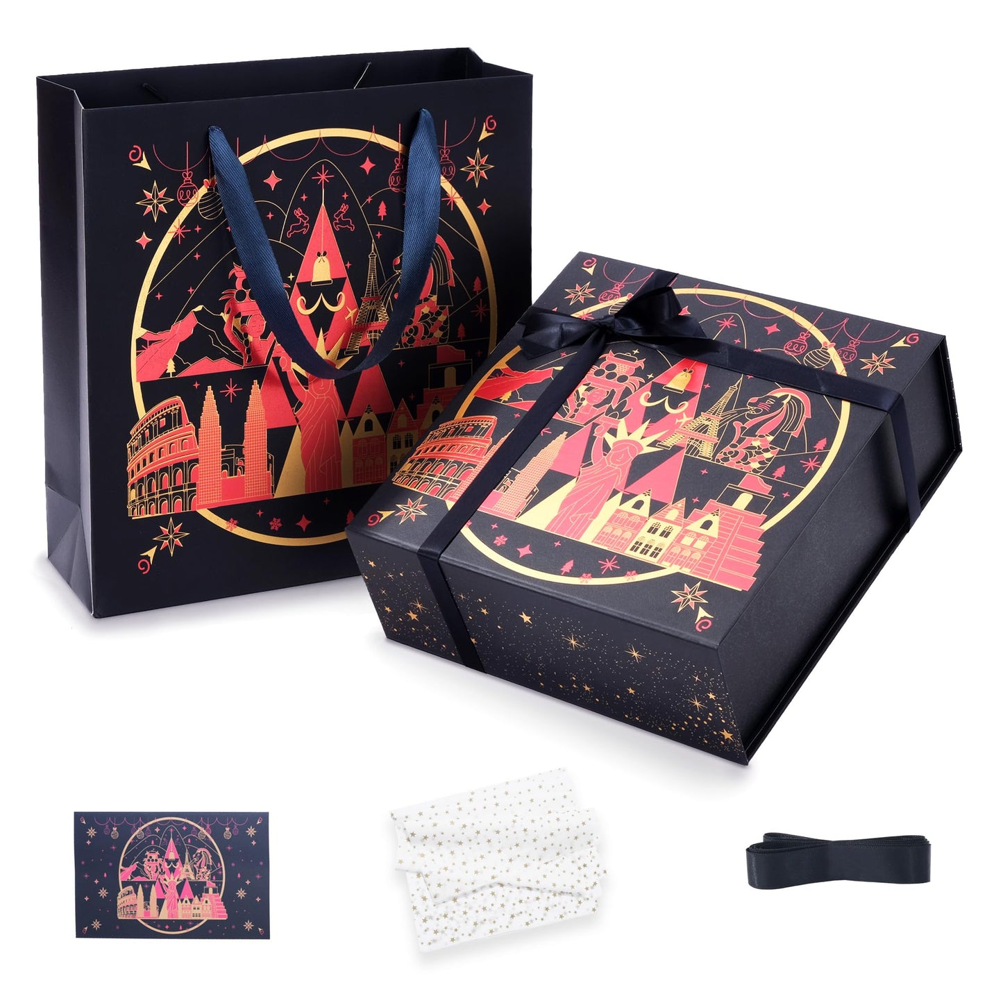 Amalee Christmas Birthday Gift Box, 12x12x4” Large Blue Present Box with Magnetic Closure & Glue-Free Design, Comes with Ribbon, Card, tissue paper