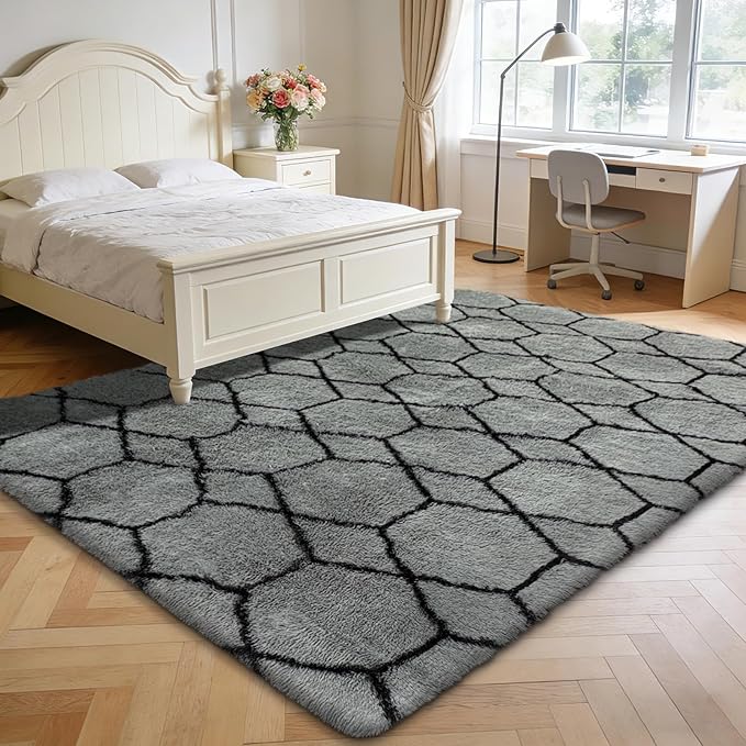 6x9 Fluffy Area Rugs for Living Room,Shag Area Rug for Bedroom,Geometric Soft Fuzzy Rug Non-Shedding Indoor Plush Carpet for Kids Bedroom Nursery Home Decor,Grey and Black
