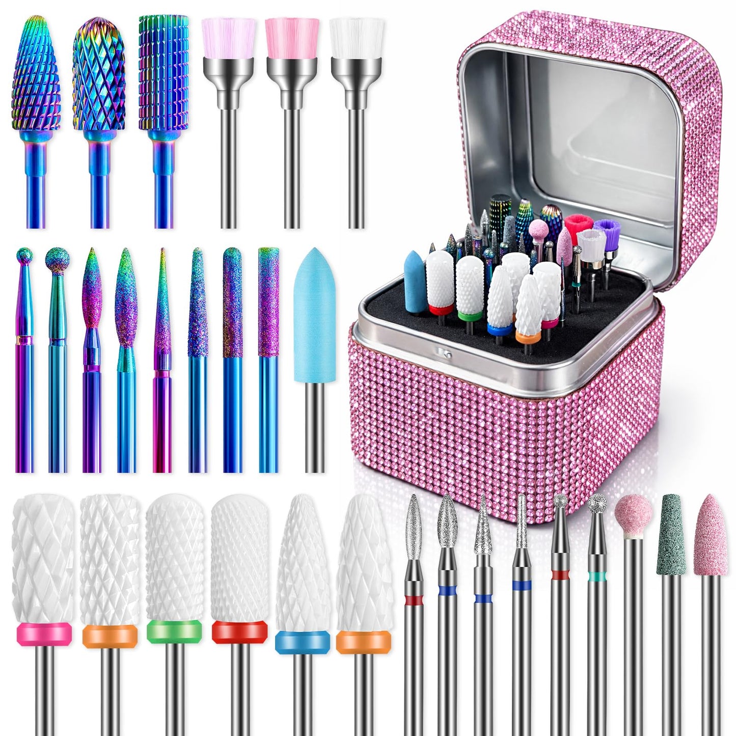 Nail Drill Bits Set with Storage Case: 30pcs 3/32 Inch Carbide Diamond Ceramic Professional Salon Kit for Acrylic Nails, Multi-Function for Women Nail Artists Manicure Pedicure (Pink)