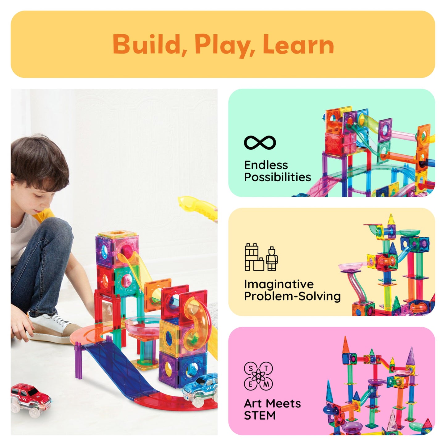 PicassoTiles 108pc Magnetic Marble Run Set with Building Tiles Race Track Car Slides Set STEM Learning Toy 3-in-1 Preschool Construction Kit for Indoor Activity and Development for Kids age 3+ PTG108