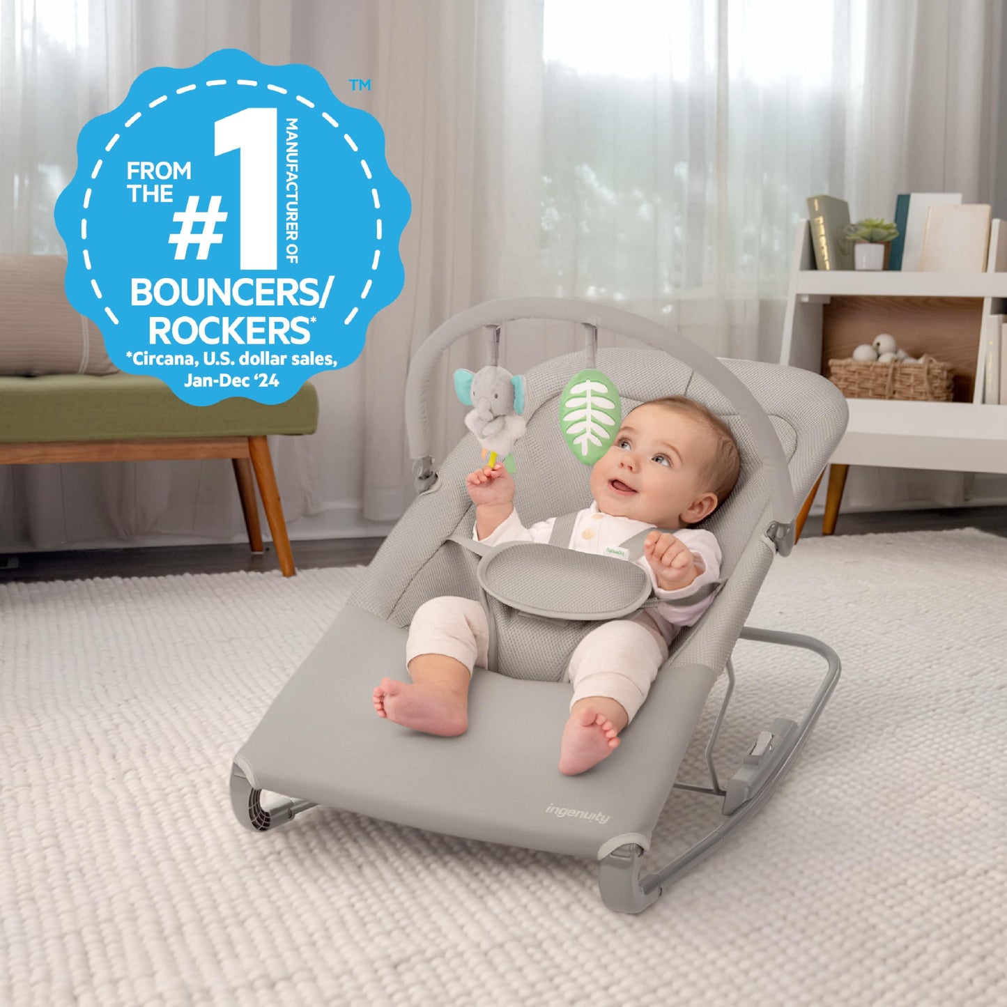 Ingenuity Nestle Vibrating Rocker, Lightweight Foldable Infant Seat with Breathable Fabric, 2-Position Recline, Mini Vibration Unit, 5-Point Harness, Travel Bag